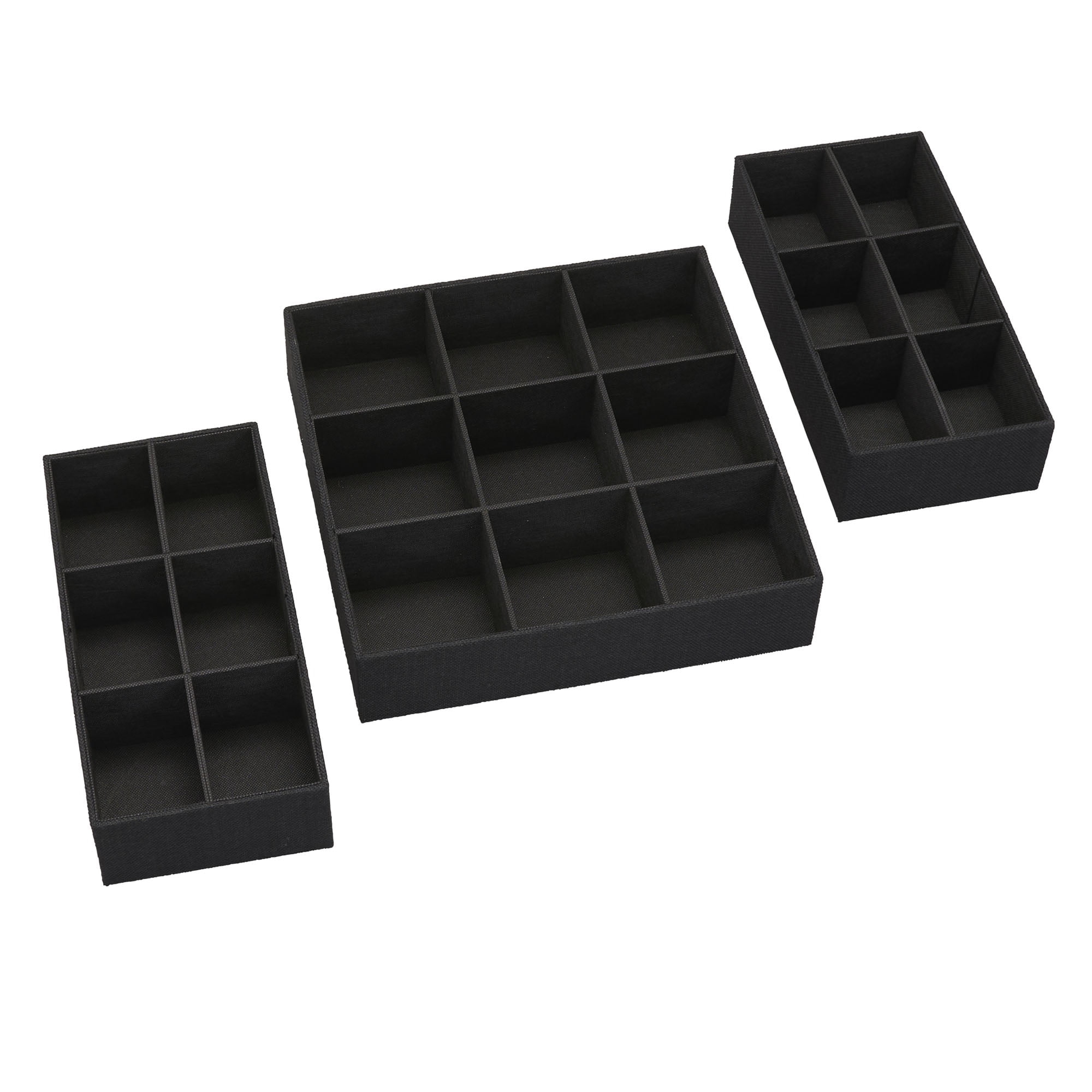 Household Essentials 3 Piece Drawer Organizers Starter Set, Large Tray and 2 Small Trays, Polyester Linen and PP Non-Woven Lining, Strong Chipboard Siding, Versatile, Nestable, Black