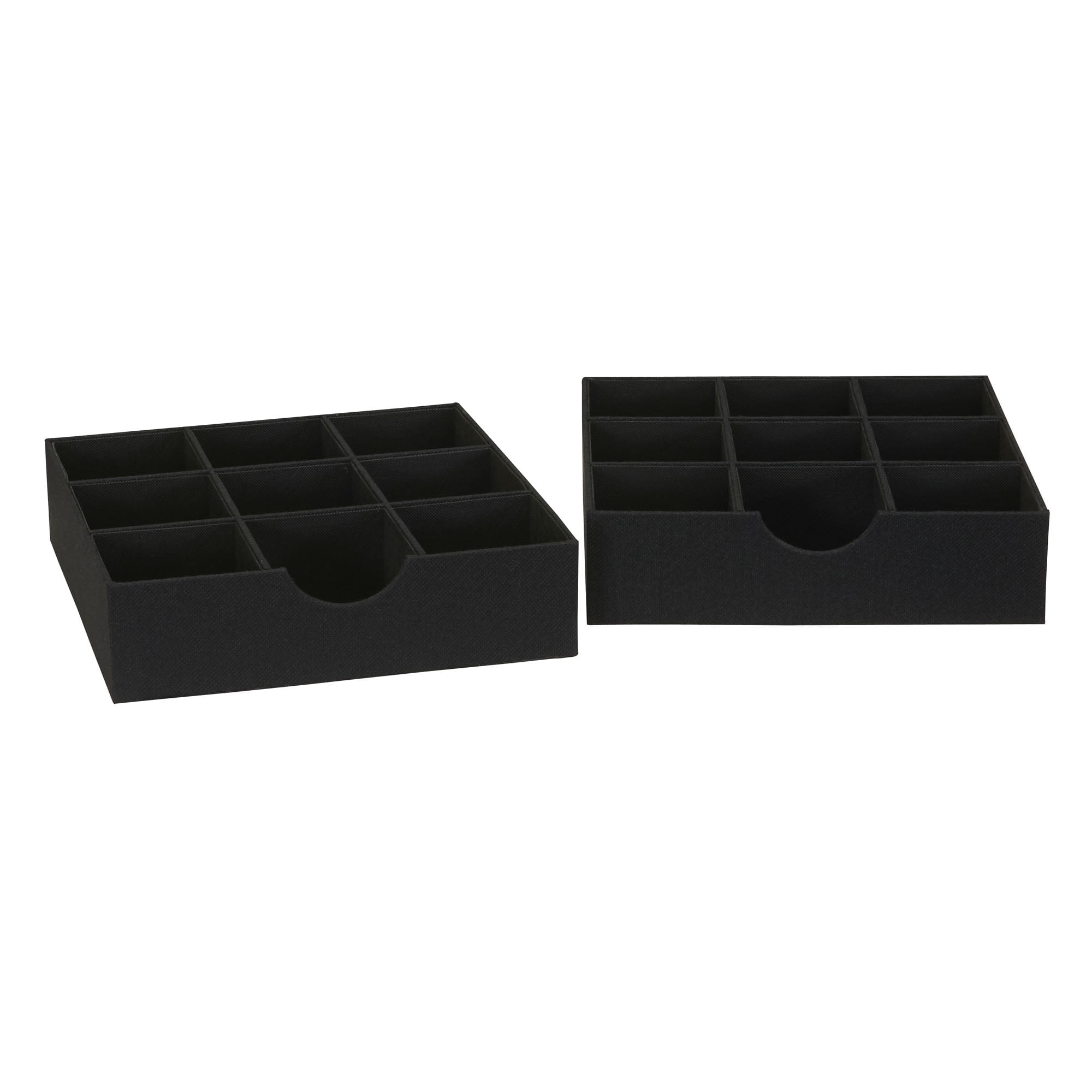 Household Essentials 9-Compartment Drawer Organizers, Pack of 2, Sturdy Chipboard With Soft Polyester Cover, Convenient and Stylish Storage Solution, 3” H x 12” W x 12” D, Black Linen