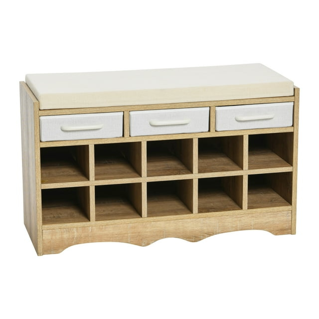 Household Essentials Entryway Storage Bench with 3 Beige Drawers 10 Shoe Compartments and Cushioned Seat in Coastal Oak Rustic Wood Grain