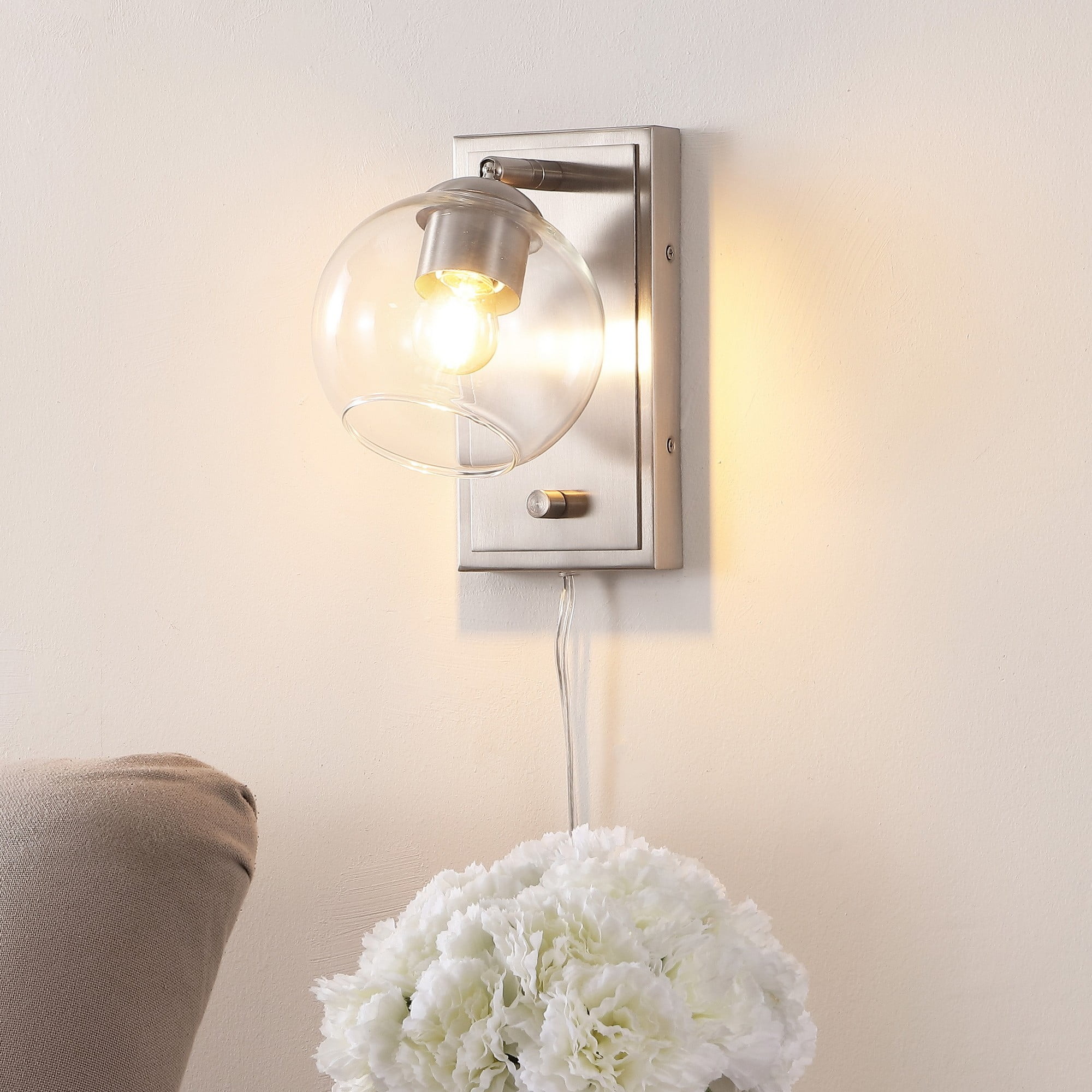 Hugo 6" 1-Light Minimalist Modern Plug-In or Hardwired Adjustable Iron LED Wall Sconce with Rotary Dimmer, Nickel with Clear Globe