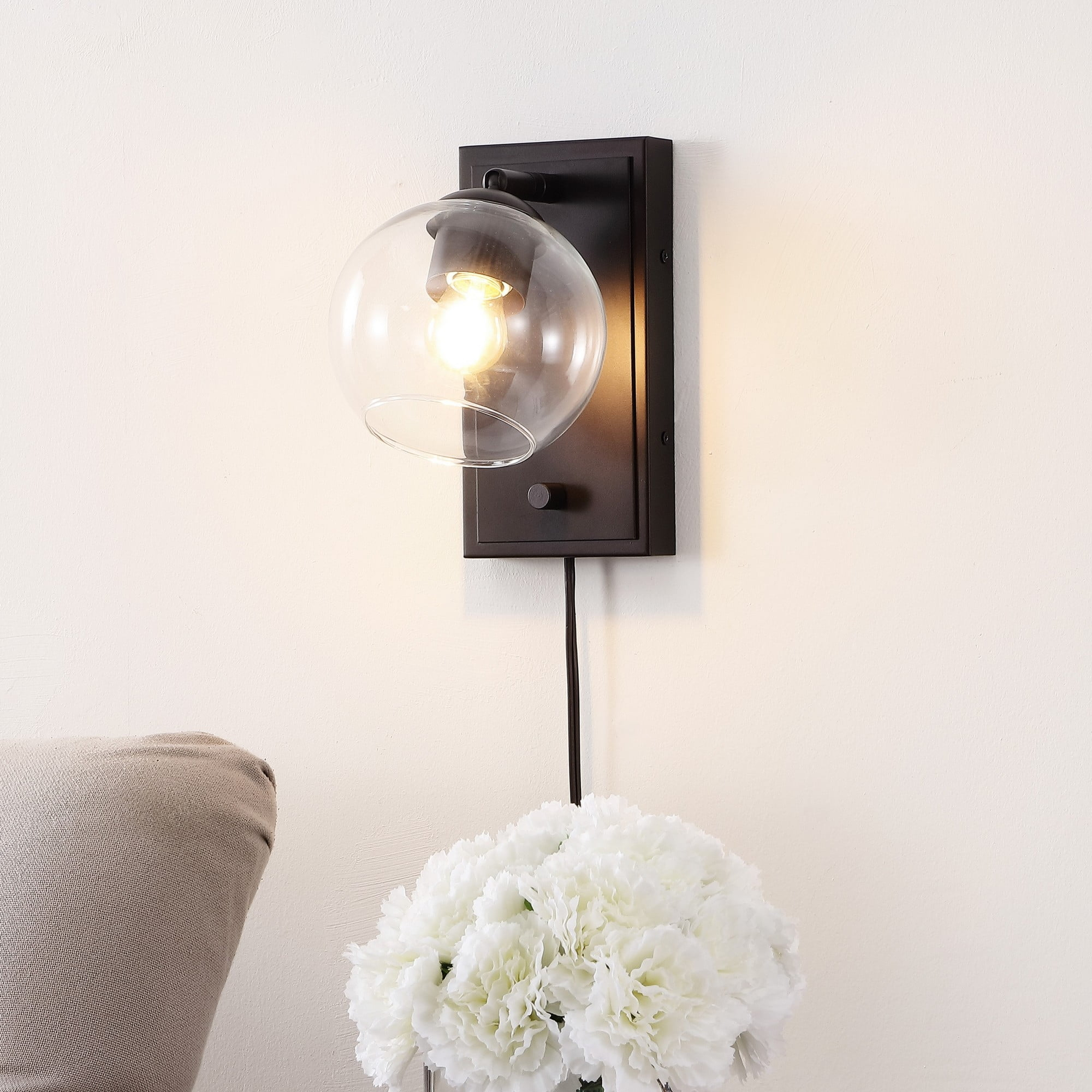 Hugo 6" 1-Light Minimalist Modern Plug-In or Hardwired Adjustable Iron LED Wall Sconce with Rotary Dimmer, Oil Rubbed Bronze with Clear Globe