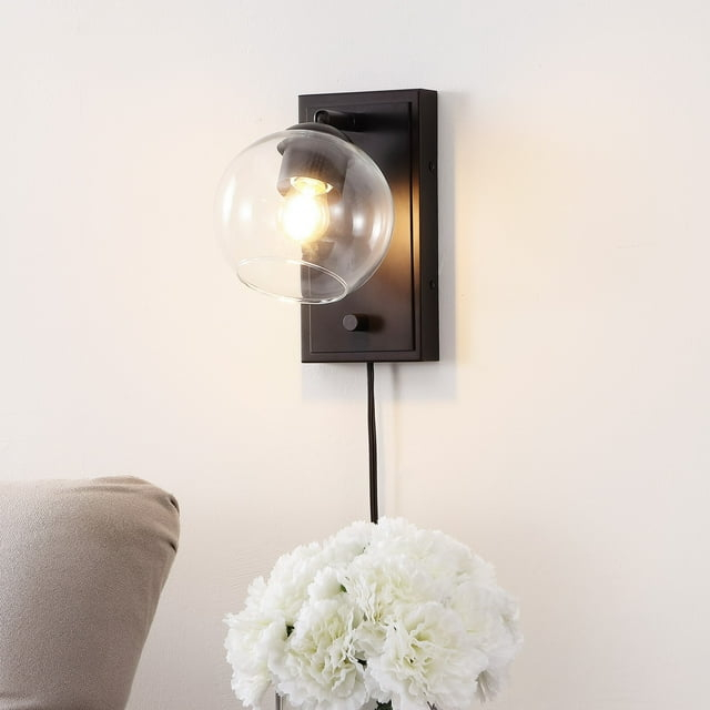 Hugo 6" 1-Light Minimalist Modern Plug-In or Hardwired Adjustable Iron LED Wall Sconce with Rotary Dimmer, Oil Rubbed Bronze with Clear Globe