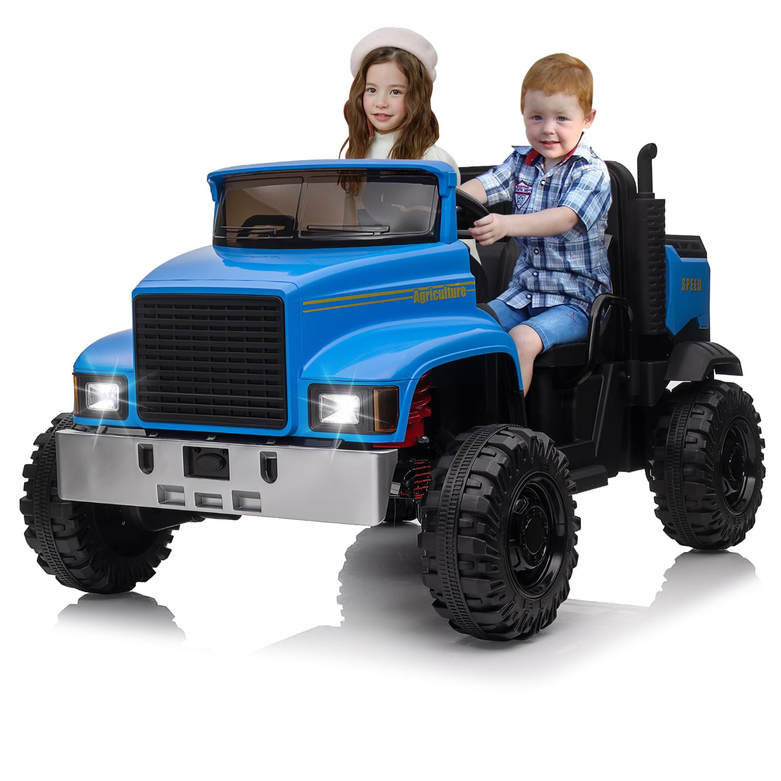 Huloretions 2 Seater Ride On Tractor Car, 24V Battery Powered Ride On 4x200W Motors Kids Electric Vehicles Ride-On Truck Car with Remote Control, Led Light, High/Low Speed