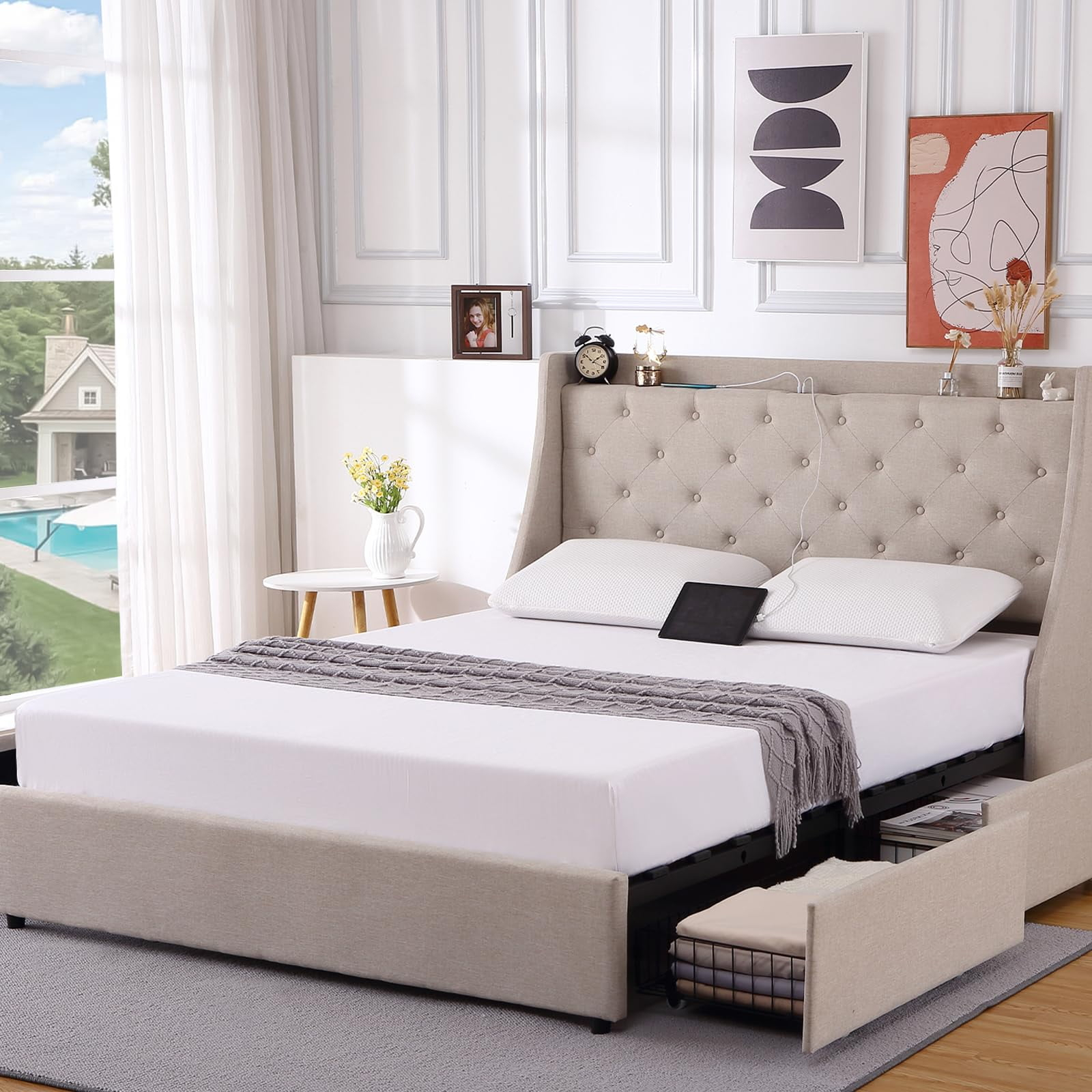 Huloretions Queen Bed Frame With Charging Station,Platform Bed With 4 Storage Drawers,Upholstered Wingback Headboard And Storage Shelf,No Box Spring Needed Easy Assembly