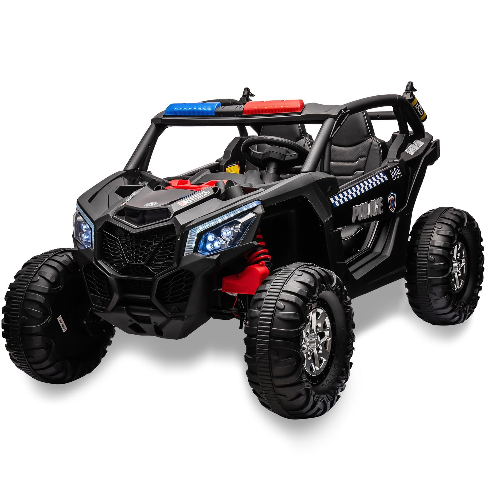 Huloretions Two Seater 24V Kids Ride on UTV Car, 4WD 300W Motors Powerful Electric Vehicle w/Remote Control, 4 Shock Absorbers, Leather Seats, Music and Lights, Electric Car for Kids