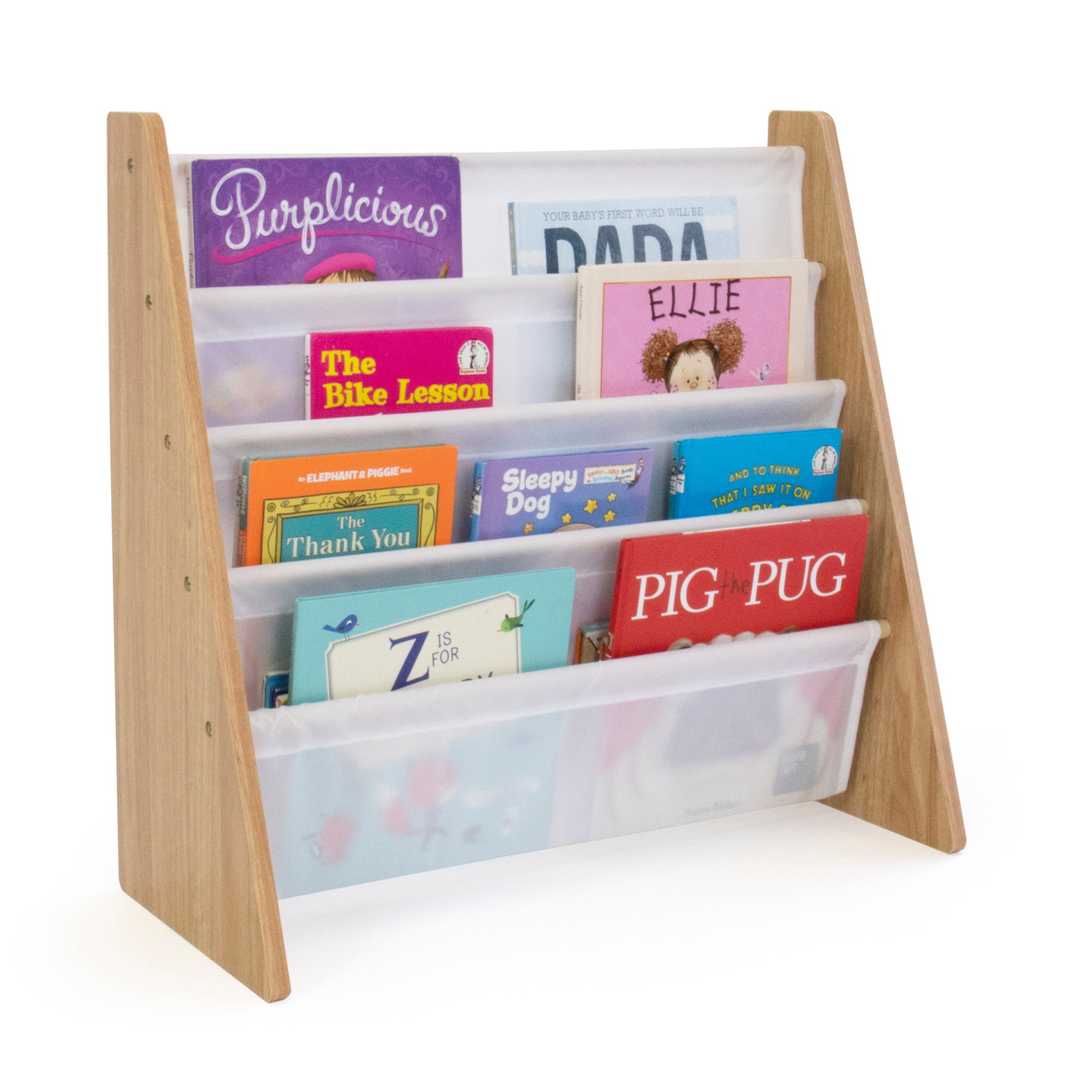 Humble Crew 4-Tier Kids Bookshelf, Natural Wood/White - Premium Book Shelf for Kids Rooms with Four Deep Pockets - Toddler Sling Book Rack with Deep Sleeves, Nursery Bookcase Organizer