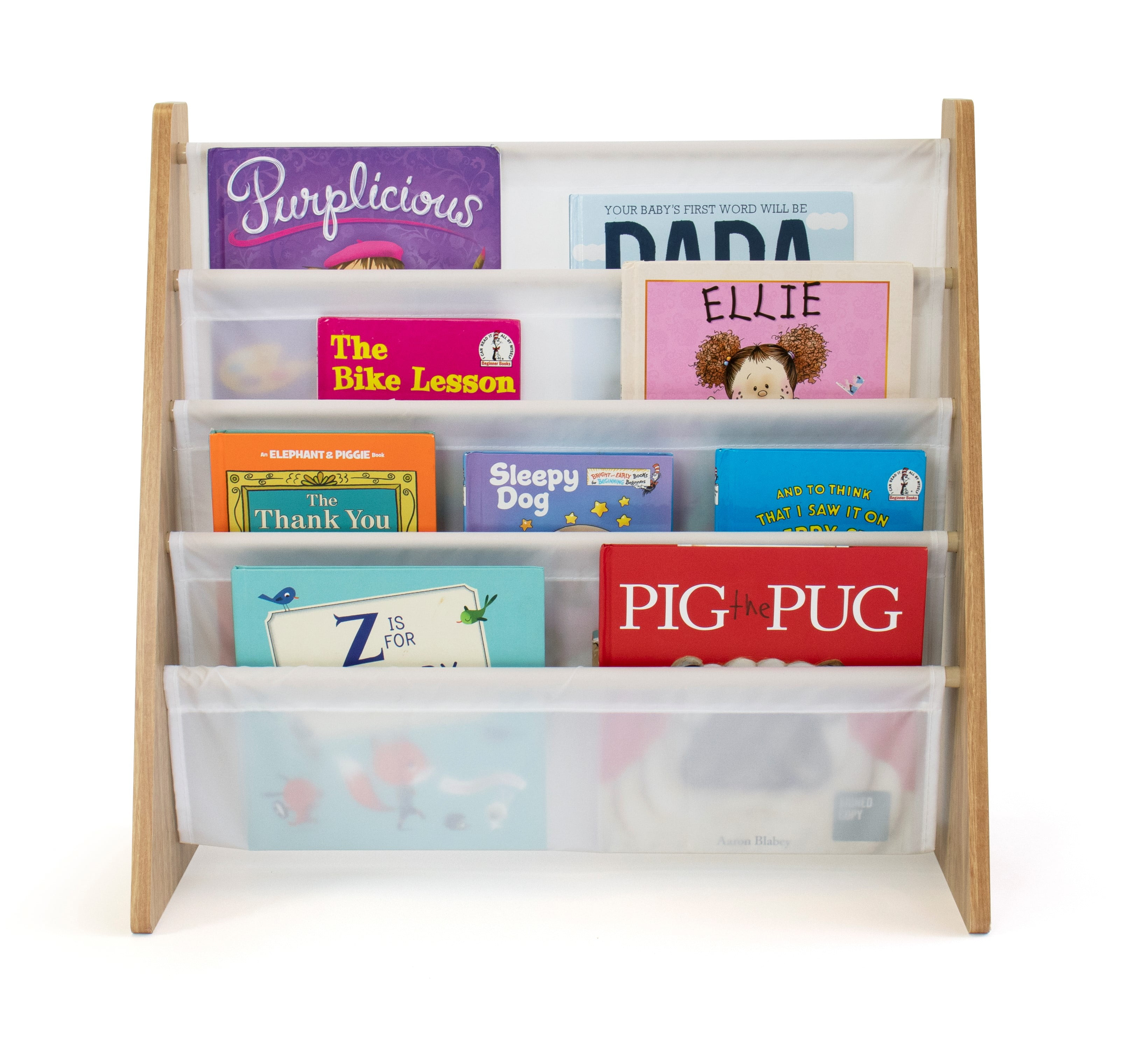 Humble Crew 4-Tier Kids Bookshelf, Natural Wood/White - Premium Book Shelf for Kids Rooms with Four Deep Pockets - Toddler Sling Book Rack with Deep Sleeves, Nursery Bookcase Organizer