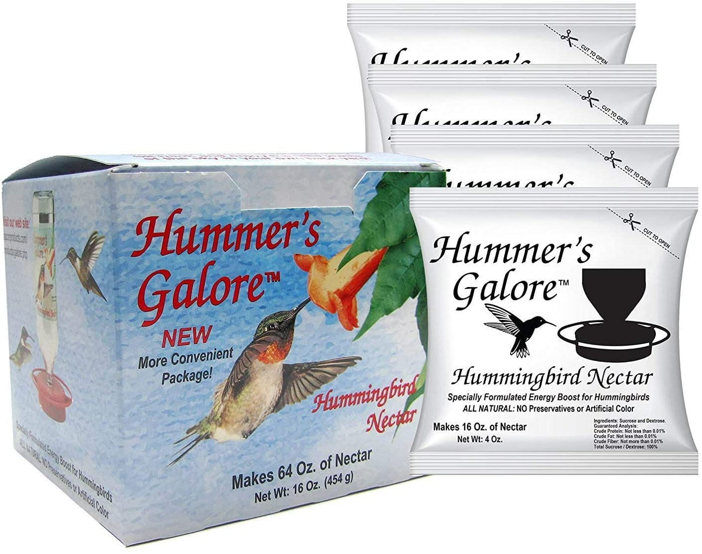Hummer's Galore Hummingbird Food - Ready-to-Mix Hummingbird Nectar, All-Natural Nectar Collector Formula, No Preservatives or Dyes, Makes 64 Ounces (4 Packets Included)