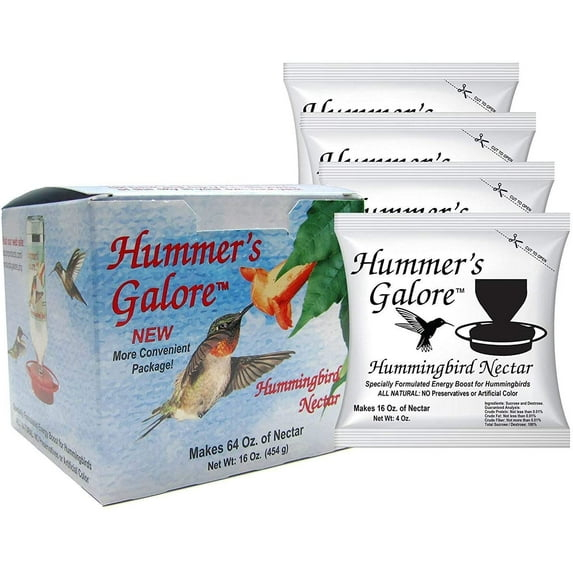 Hummer's Galore Hummingbird Food - Ready-to-Mix Hummingbird Nectar, All-Natural Nectar Collector Formula, No Preservatives or Dyes, Makes 64 Ounces (4 Packets Included)