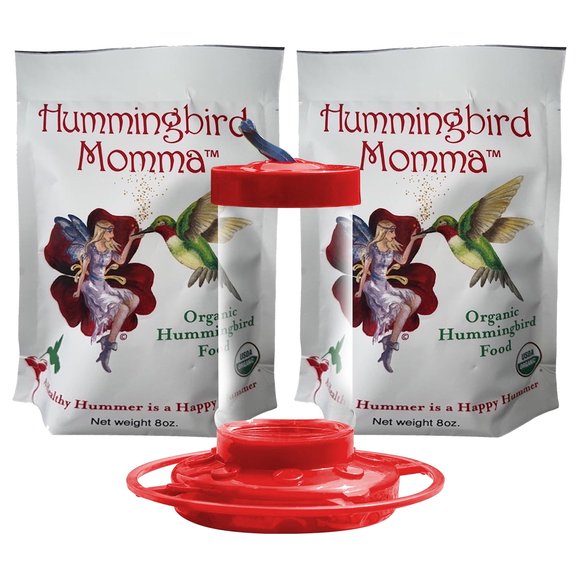Hummingbird Momma 3-Piece Inverted Hummingbird Feeder Kit with 2 - 8oz Nectar Pouches, Red, 16 fl oz Capacity (2 Pack)