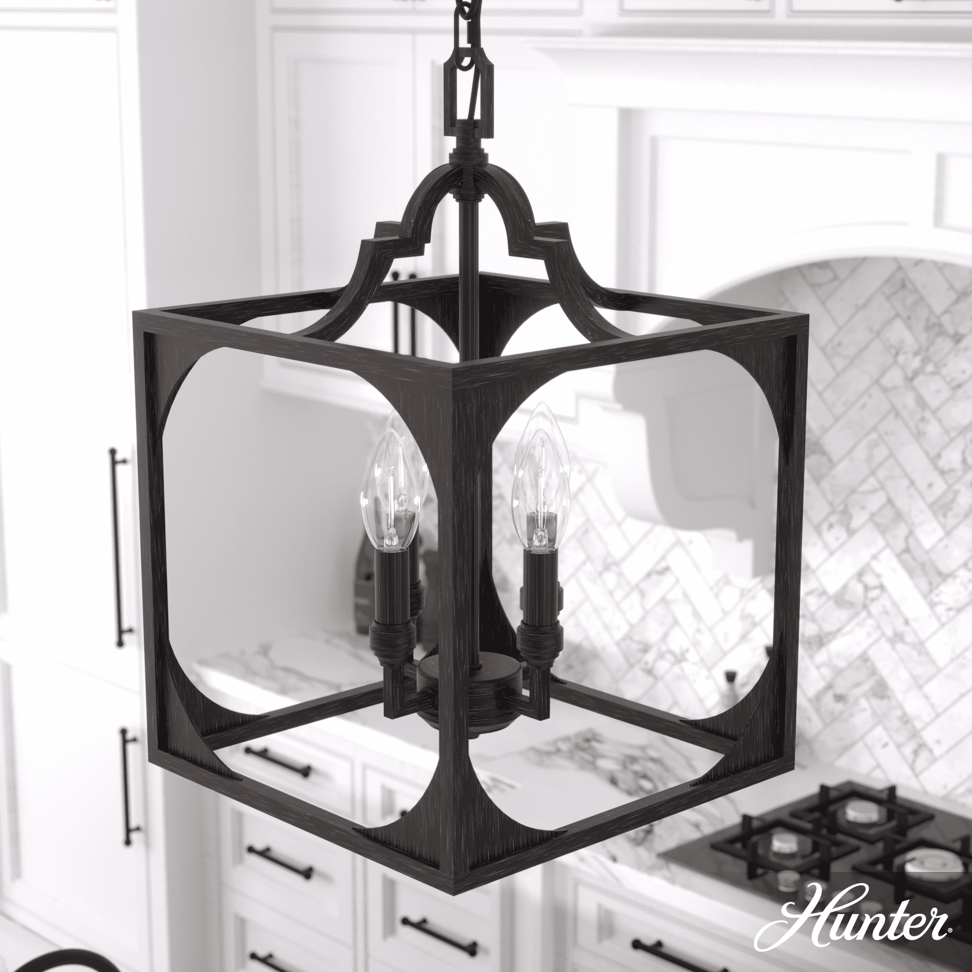 Hunter - Highland Hill 4-light Rustic Iron, Medium Size Pendant Light, Dimmable, Formal Style, Lantern Shaped, for Bedrooms, Kitchens, Dining, Living Rooms - 19283
