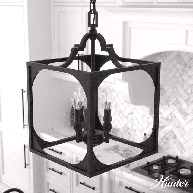 Hunter - Highland Hill 4-light Rustic Iron, Medium Size Pendant Light, Dimmable, Formal Style, Lantern Shaped, for Bedrooms, Kitchens, Dining, Living Rooms - 19283