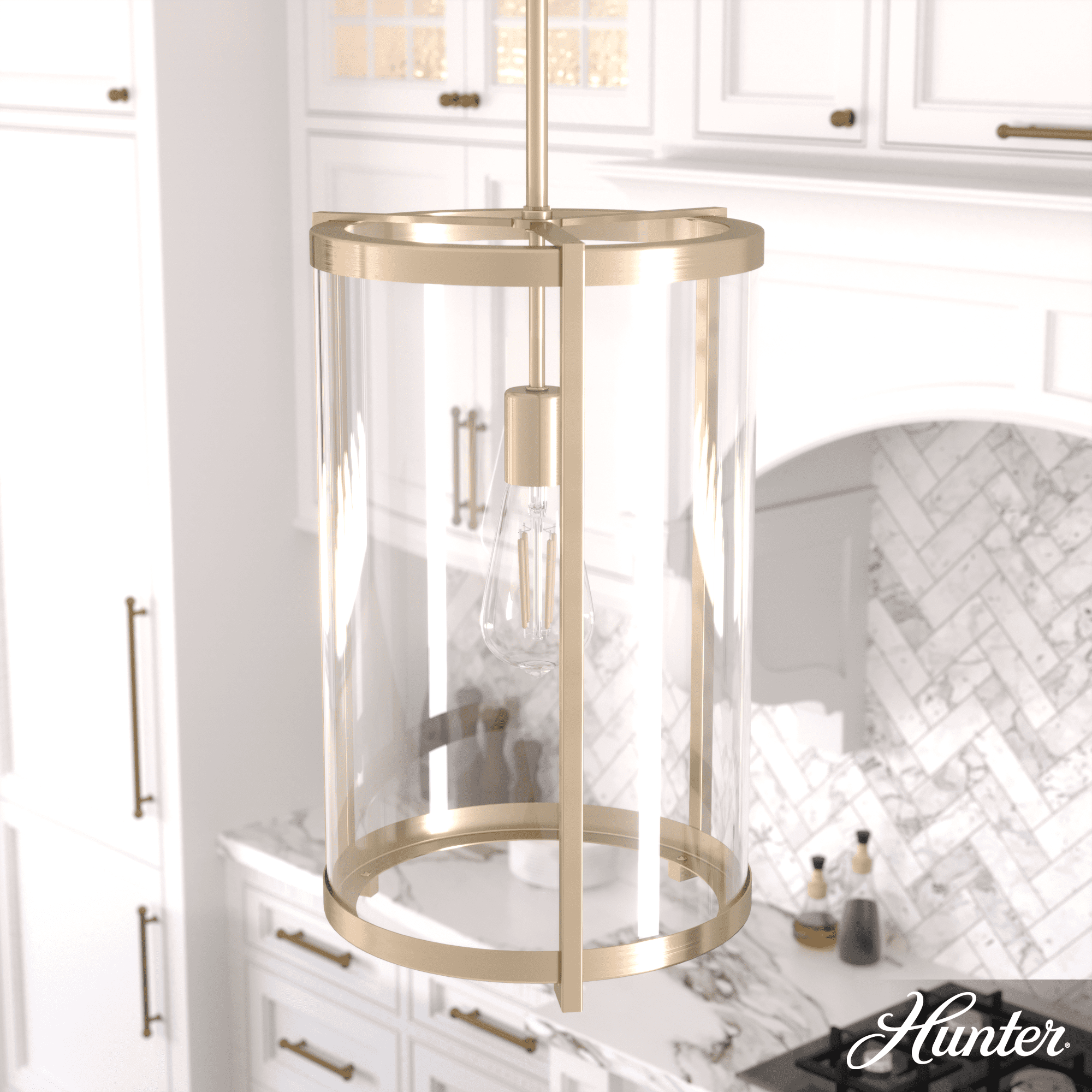 Hunter - Astwood 1-light Alturas Gold, Medium Size Pendant Light, Dimmable, Caged Style, Cylinder Shaped, for Bedrooms, Kitchens, Dining, Living Rooms - 19951