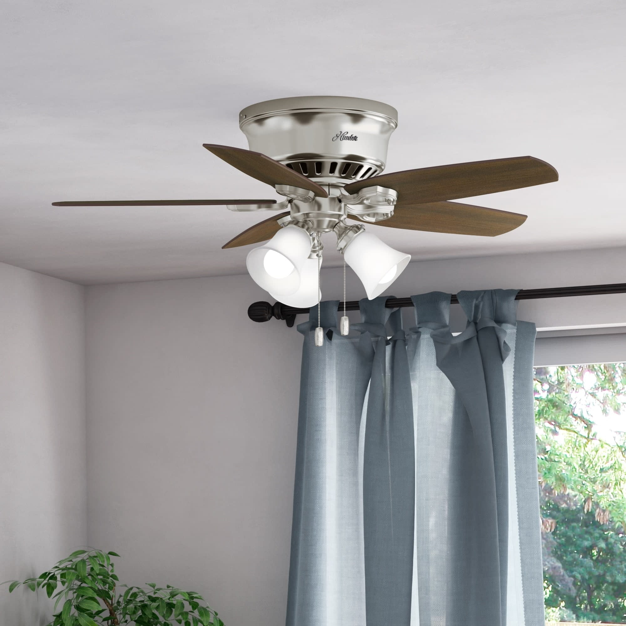 Hunter - Builder Indoor Low Profile Ceiling Fan With Light, 42-inch, Brushed Nickel, Traditional-style, 3-speed WhisperWind Motor, 51092, for living rooms, bedrooms, home offices, kitchens