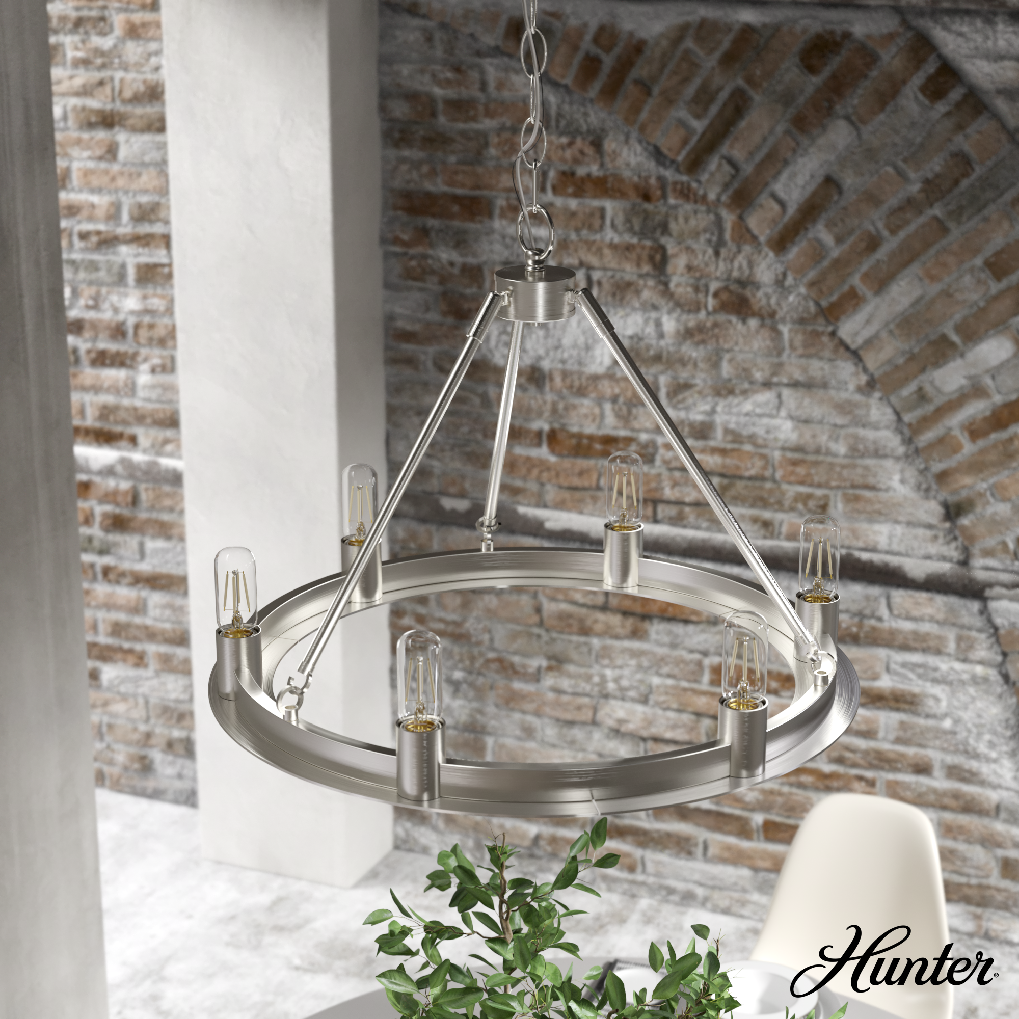 Hunter - Saddlewood 6-light Brushed Nickel, Large Chandelier, Dimmable, Casual Style, Wagon Wheel Shaped, for Bedrooms, Kitchens, Dining, Living Rooms - 19034