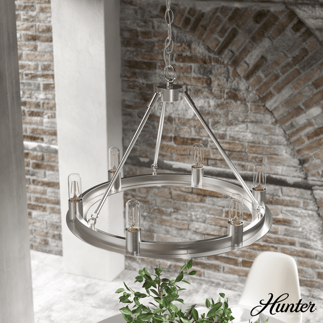 Hunter - Saddlewood 6-light Brushed Nickel, Large Chandelier, Dimmable, Casual Style, Wagon Wheel Shaped, for Bedrooms, Kitchens, Dining, Living Rooms - 19034