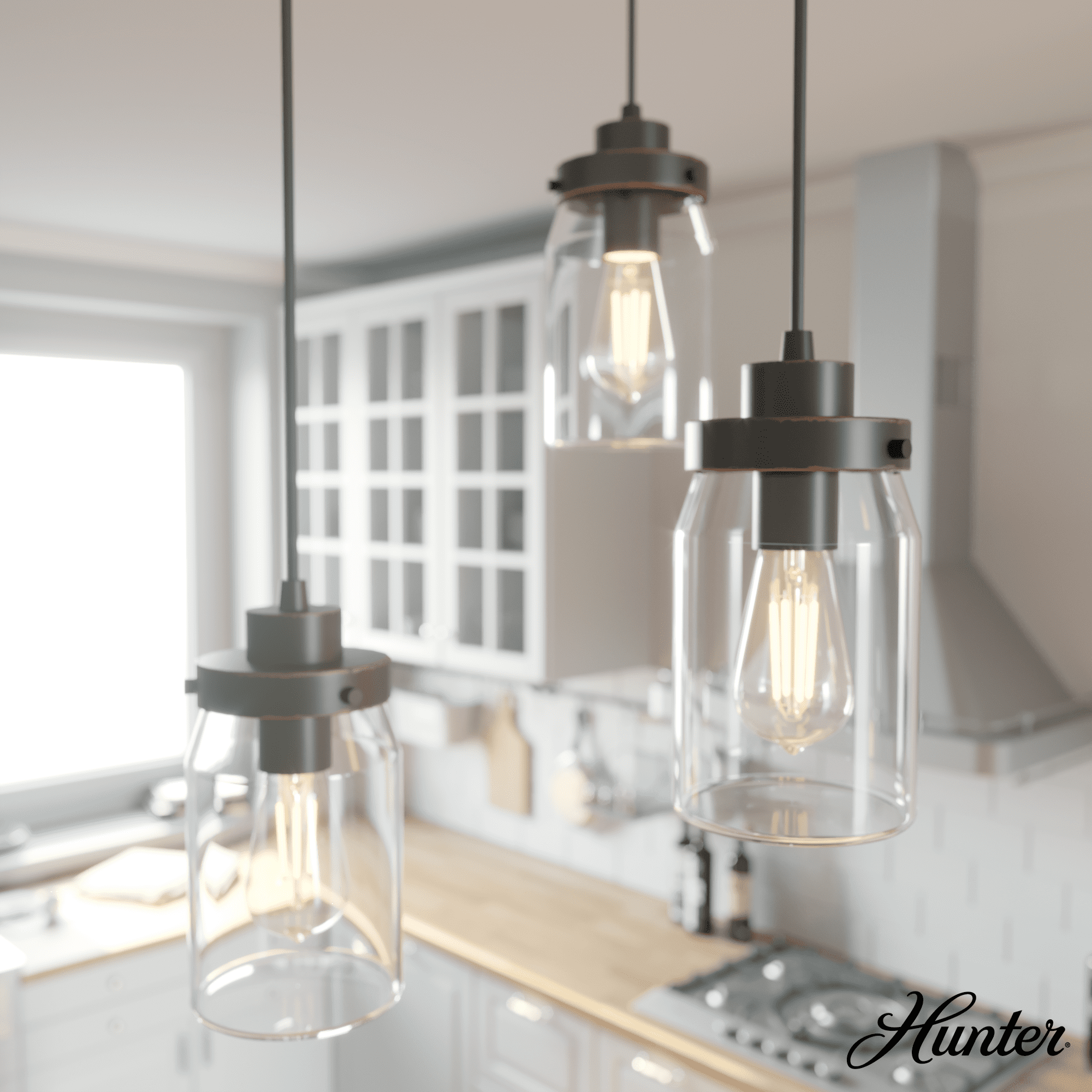 Hunter - Devon Park 3-light Onyx Bengal, Small Cluster Light, Dimmable, Rustic Style, Round Shaped, for Bedrooms, Kitchens, Dining, Living Rooms - 19157