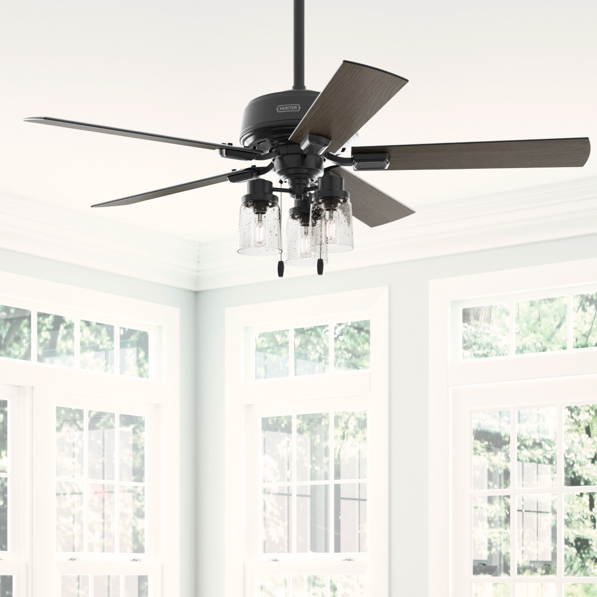 Hunter - Hartland Indoor Ceiling Fan With Light, 52-inch, Matte Black, Casual-style, 3-speed WhisperWind Motor, 51745, for living rooms, bedrooms, home offices, kitchens
