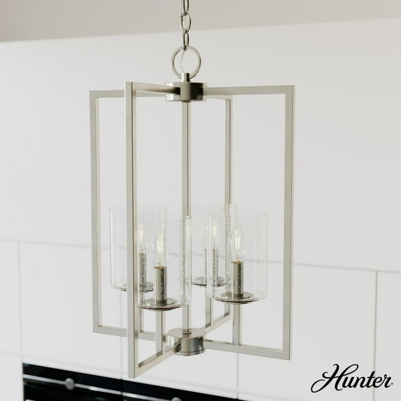 Hunter - Kerrison 4-light Brushed Nickel, Medium Size Pendant Light, Dimmable, Rectangle Shaped, for Bedrooms, Dining, Living Rooms - 19539