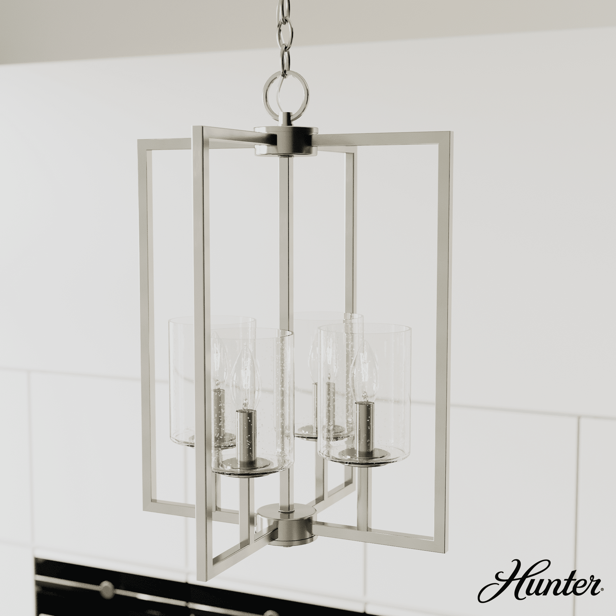 Hunter - Kerrison 4-light Brushed Nickel, Medium Size Pendant Light, Dimmable, Rectangle Shaped, for Bedrooms, Dining, Living Rooms - 19539