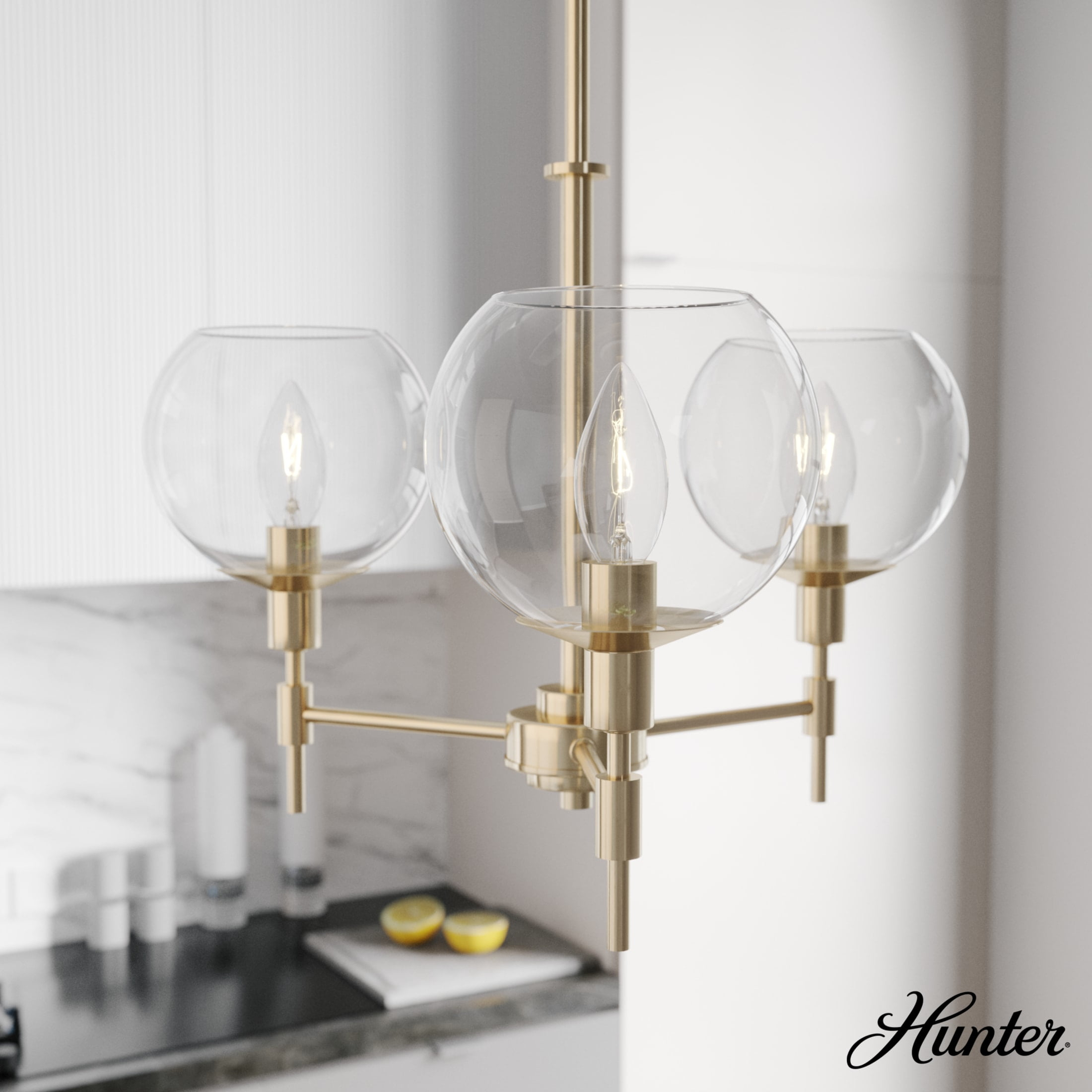 Hunter - Xidane 3-light Alturas Gold, Medium Size Chandelier, Dimmable, Mid Century Modern Style, Candle Shaped, for Bedrooms, Dining, Living Rooms - 19739
