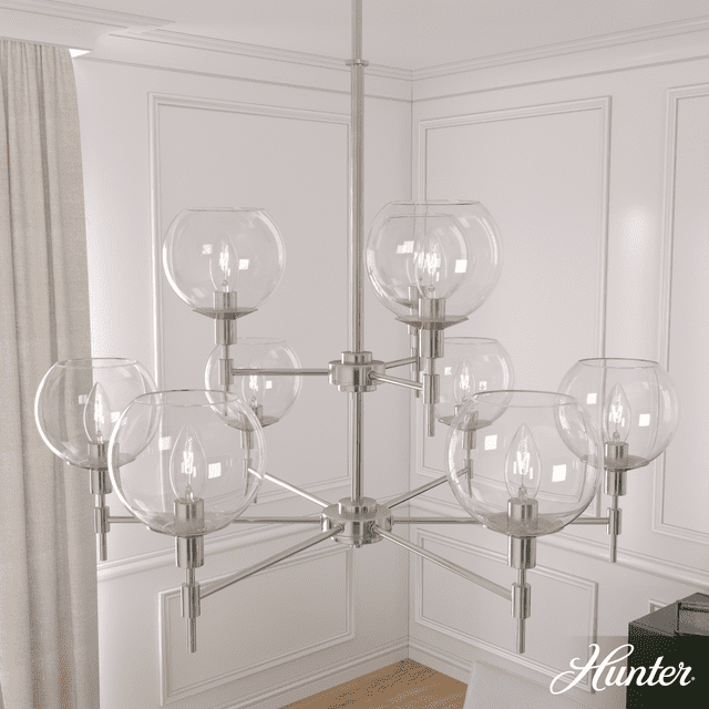 Hunter - Xidane 9-light Brushed Nickel, Large Chandelier, Dimmable, Round Shaped, for Bedrooms, Kitchens, Dining, Living Rooms - 19746