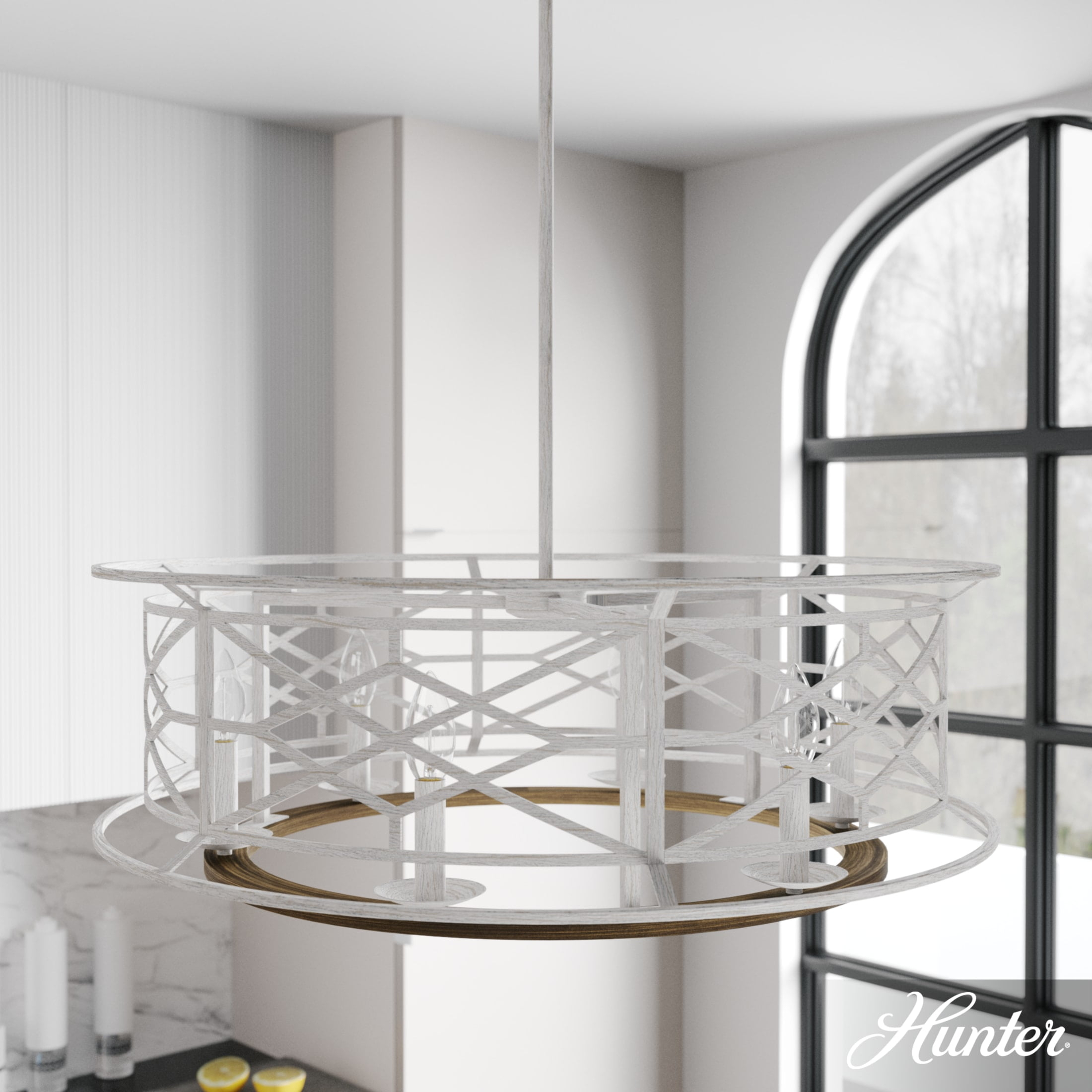 Hunter - Langwood 6-light Distressed White, Large Chandelier, Dimmable, Rustic Style, Drum Shaped, for Bedrooms, Kitchens, Dining, Living Rooms - 19330