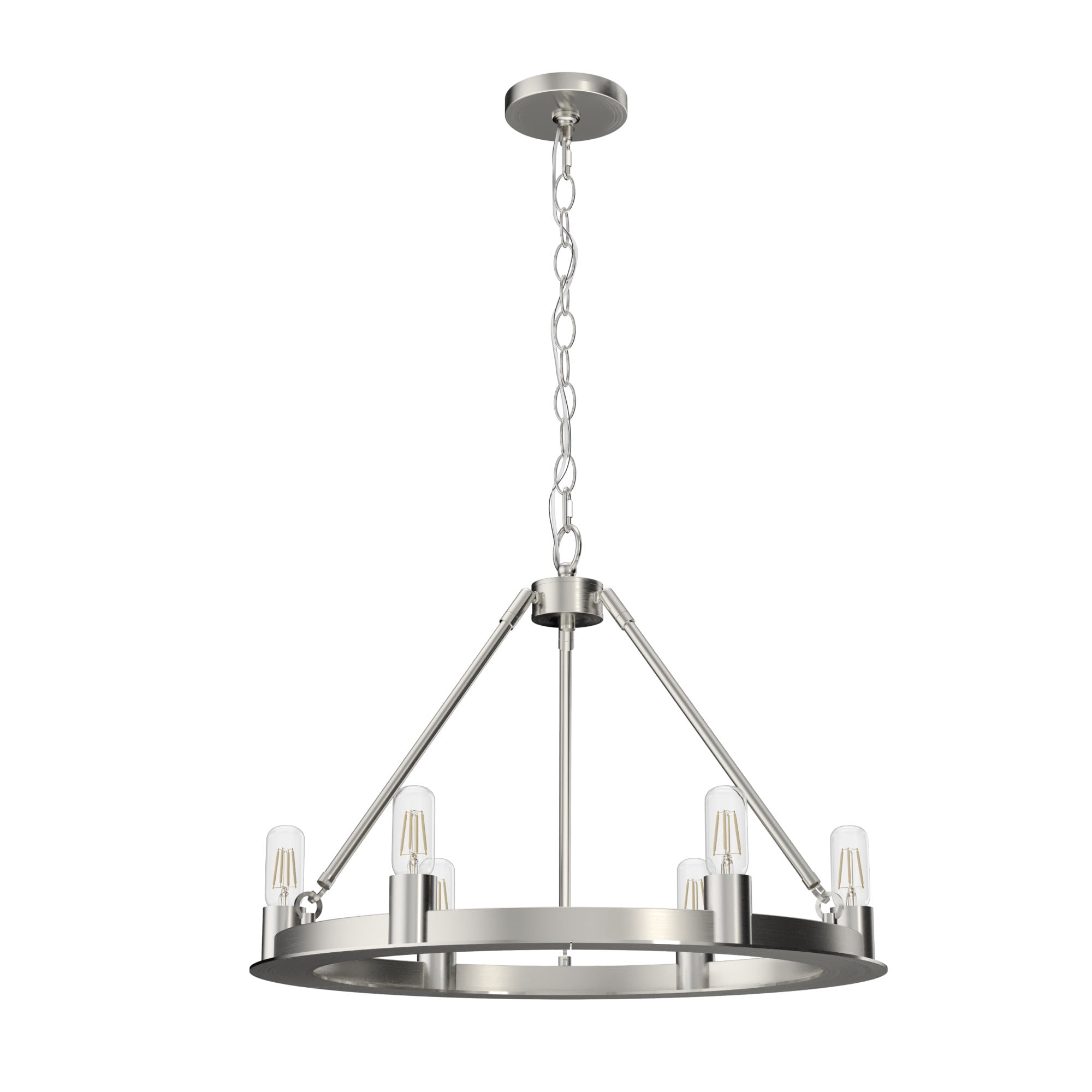 Hunter - Saddlewood 6-light Brushed Nickel, Large Chandelier, Dimmable, Casual Style, Wagon Wheel Shaped, for Bedrooms, Kitchens, Dining, Living Rooms - 19034