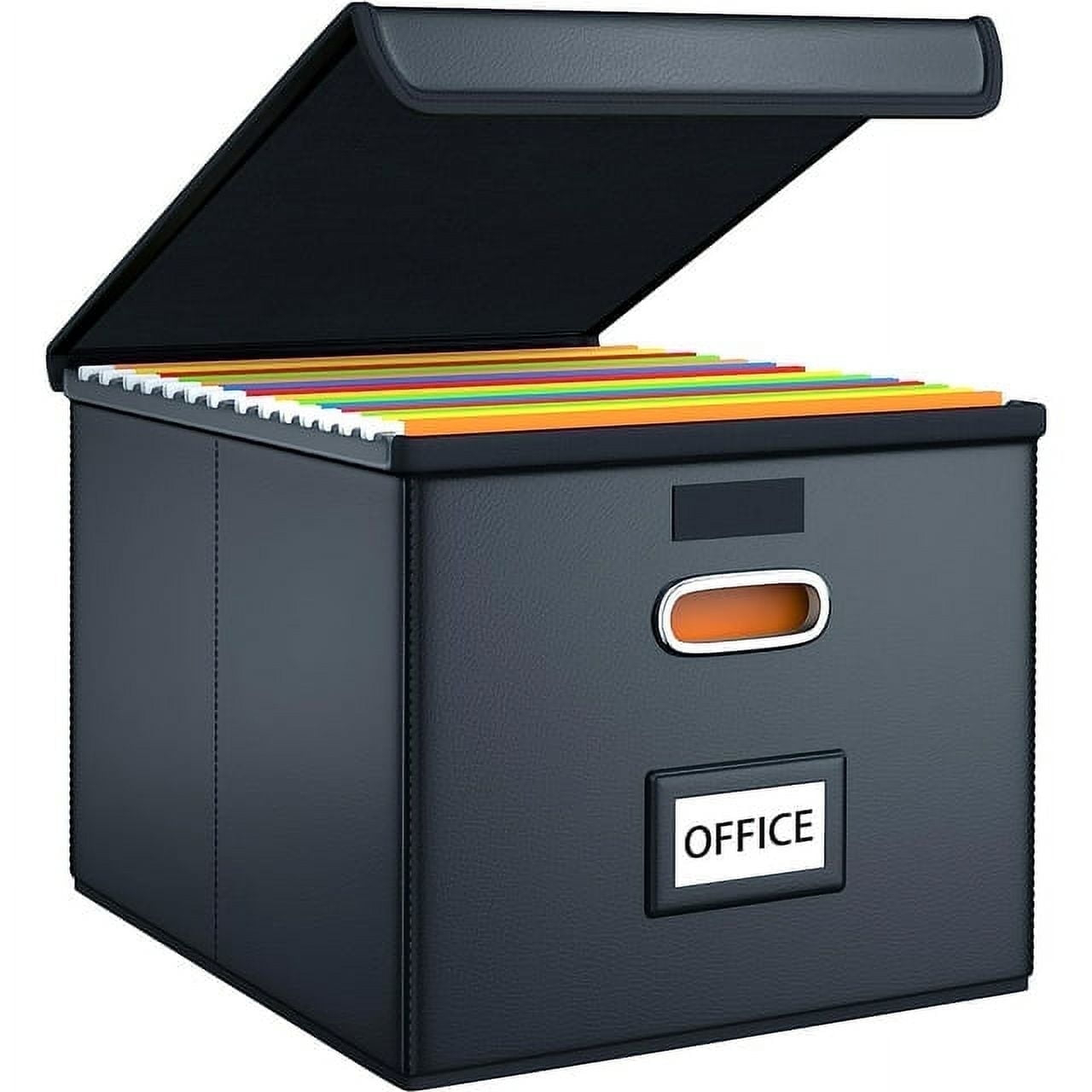 Gijjgole Collapsible Faux Leather Hanging File Folder Box Organizer with lid and Plastic Slides, Black