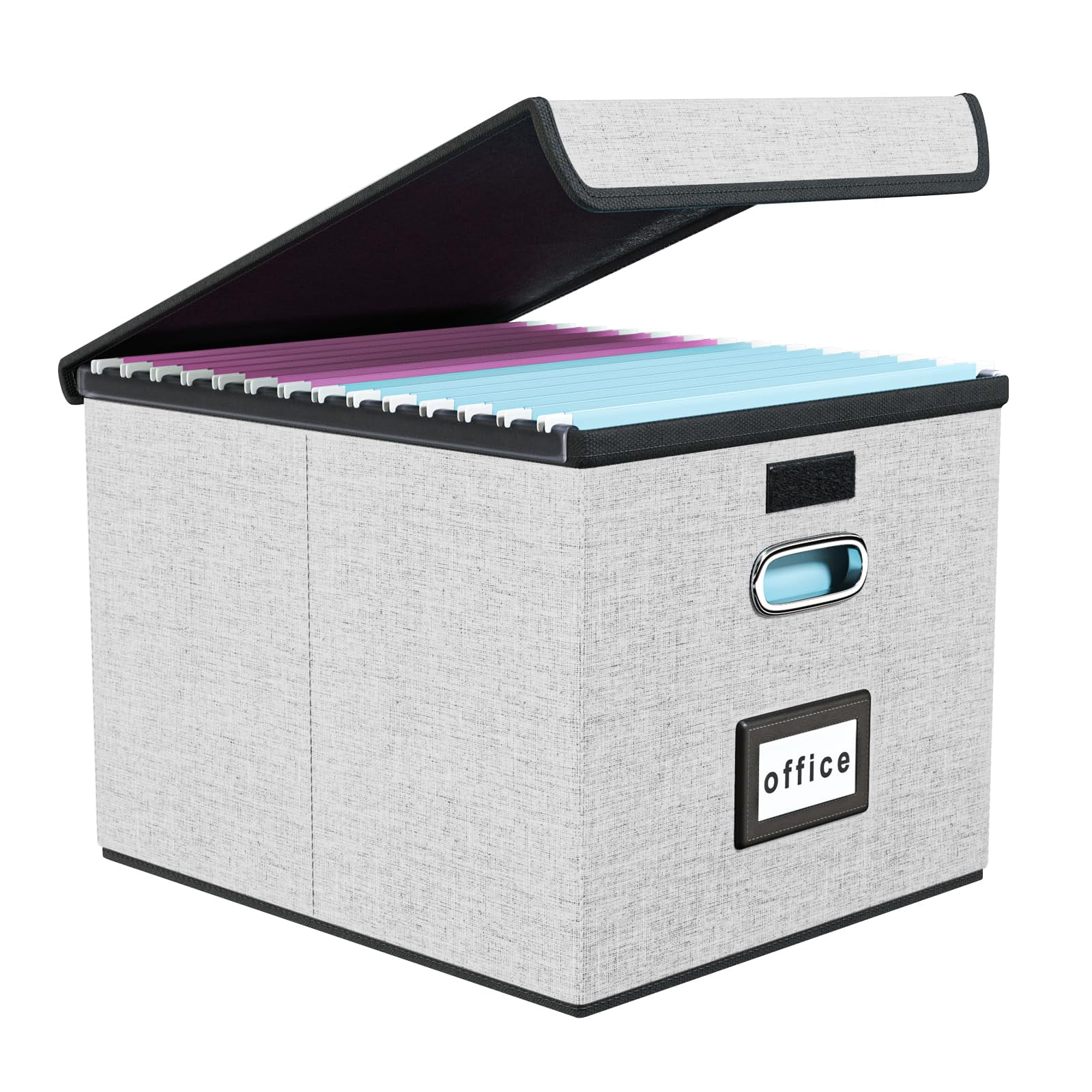 Huolewa Portable File Organizer Box, Office Document Storage Organizer Box with Lid, Linen Hanging Filing Storage Box, Decorative Home/Office Filing System for File and Folders Storage (Light Grey)