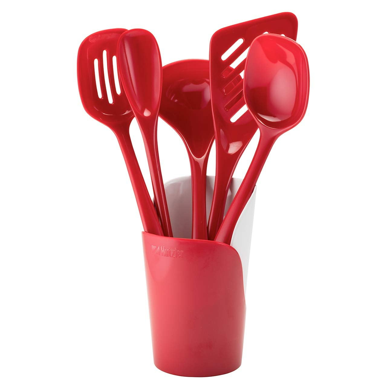 Hutzler 6-piece Melamine Cooking Utensils Set, Includes a 12-inch Long Slotted Spoon, Solid Spoon, Mixing Spoon, Slotted Turner, Soup Ladle, and Storage Crock - Red