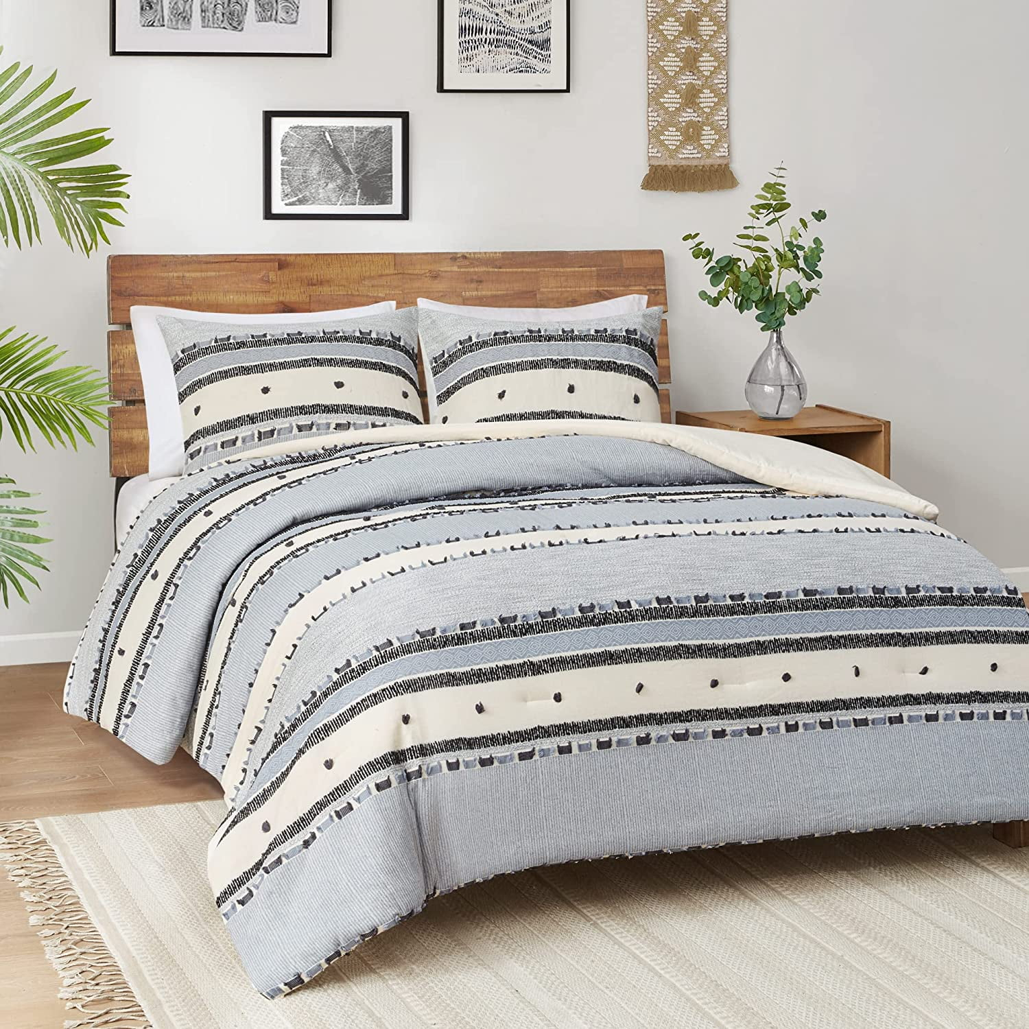 Hyde Lane Boho Blue King Comforter Set ，Modern Farmhouse Tufted Bedding Sets, Cotton Top with Neutral Rustic Style Clipped Jacquard Stripes, 3-Pieces Including Matching Pillow Shams (104x90 Inches)