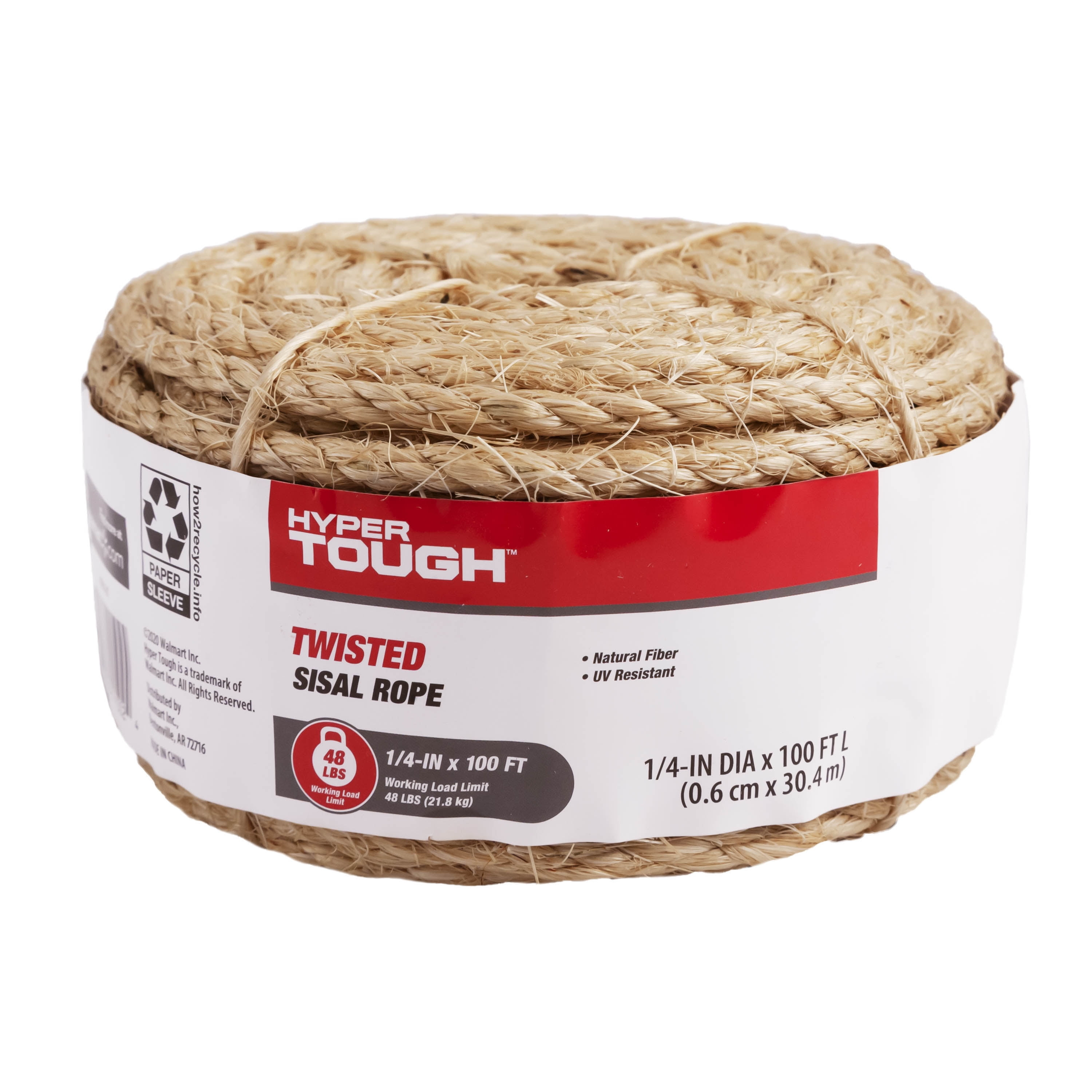 Hyper Tough Item# 8010L-HT, Sisal Twisted Rope, Natural Color, 1/4" x 100', 1 Each