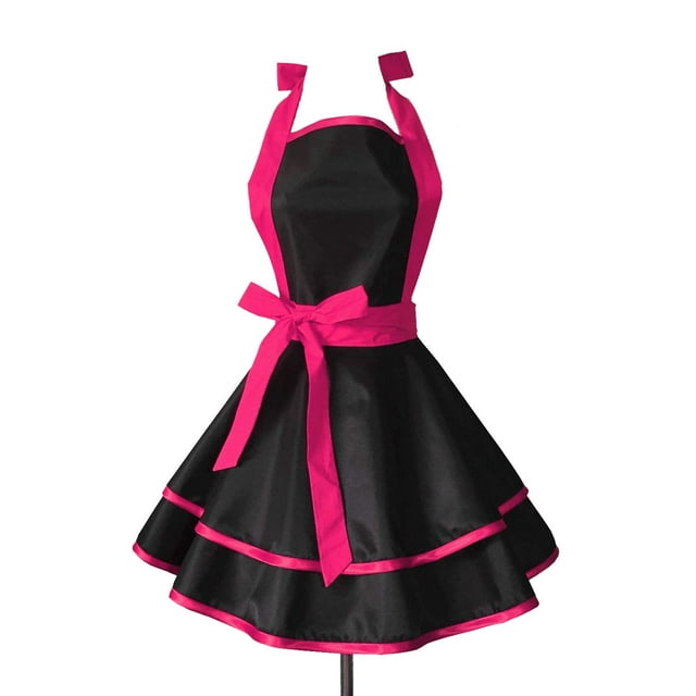 Hyzrz Lovely Handmade Cotton Retro Black Aprons for Women Girls Cake Kitchen Cook Apron for Mother's Gift (Red Rose)