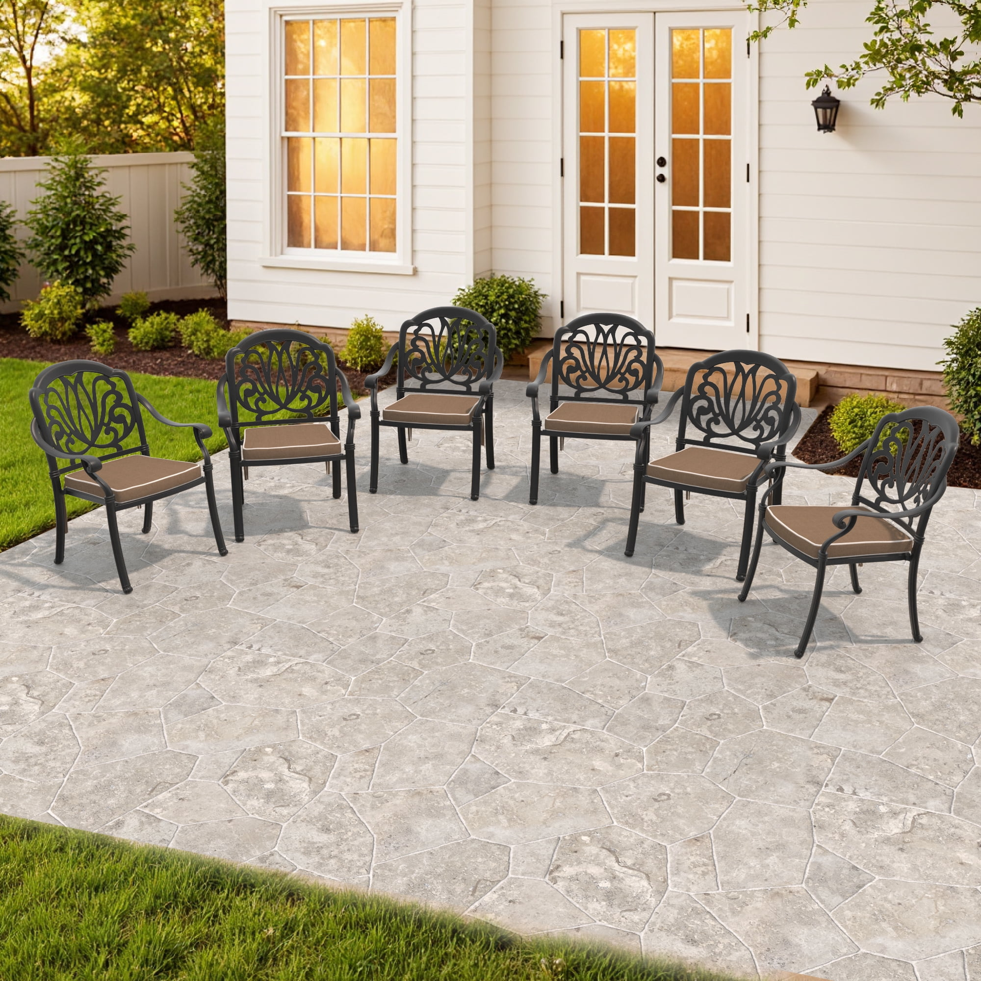 Hzzkey All-Weather Rust-Resistant Aluminum Armchair Set (6-Piece) with Brown Cushions for Patio, Balcony & Pool,Black
