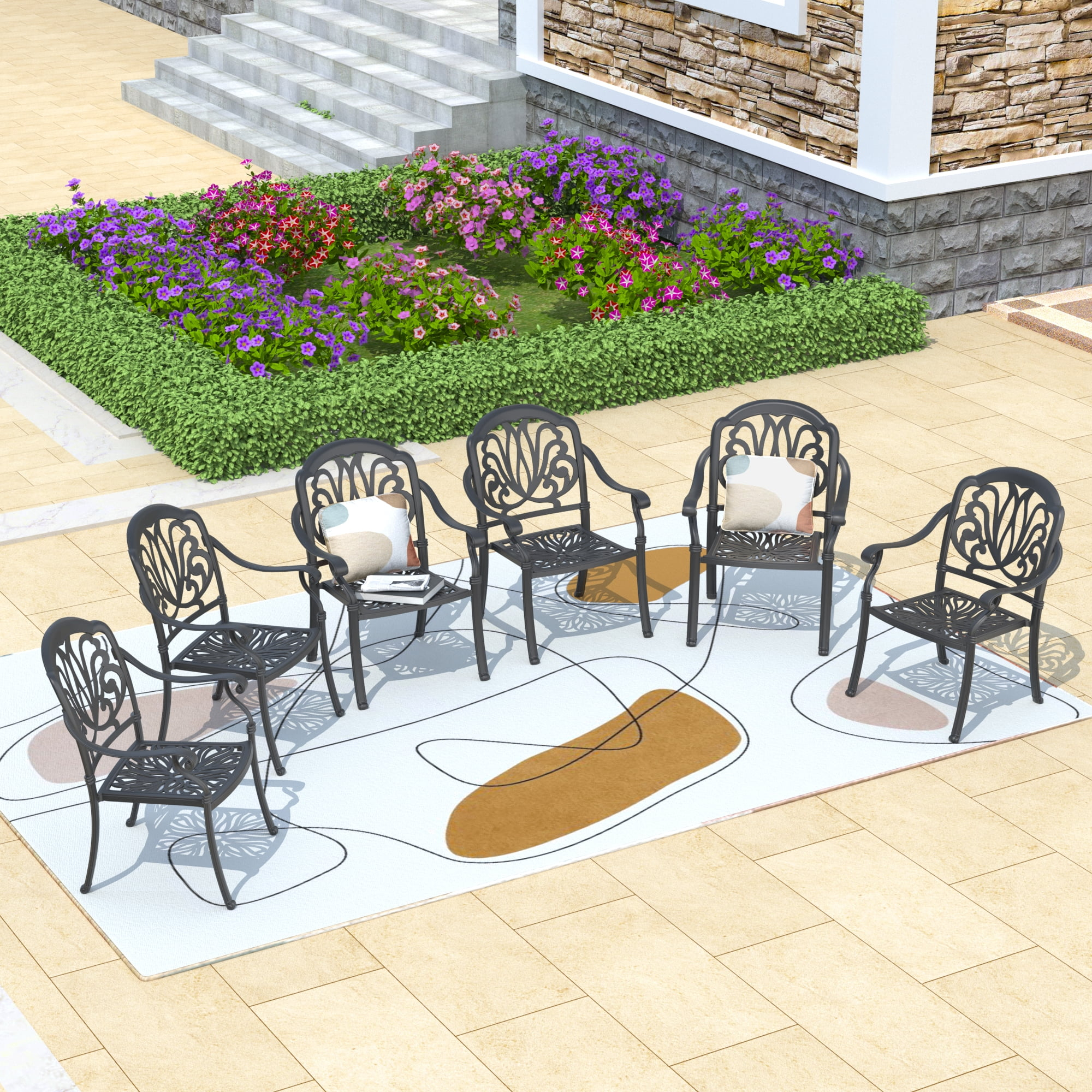 Hzzkey Outdoor Aluminum Dining Arm Chairs - Set of 6, Black, Random Color Cushions