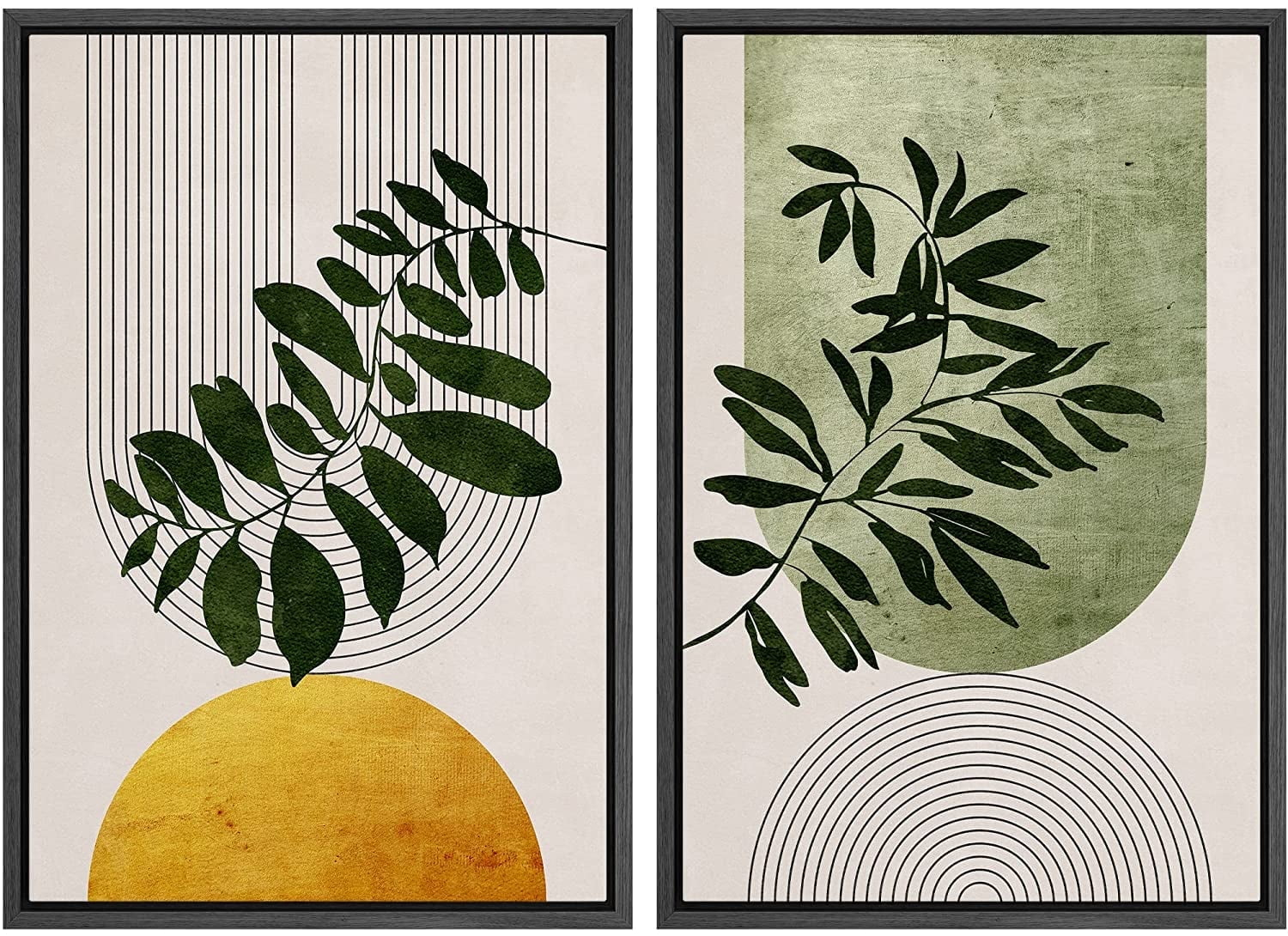 IDEA4WALL Framed Canvas Print Wall Art Set Mid-Century Geometric Plant Leaf Nature Wilderness Illustrations Modern Art Rustic Decorative for Living Room, Bedroom, OfficeL - 24"x36"x2 Black