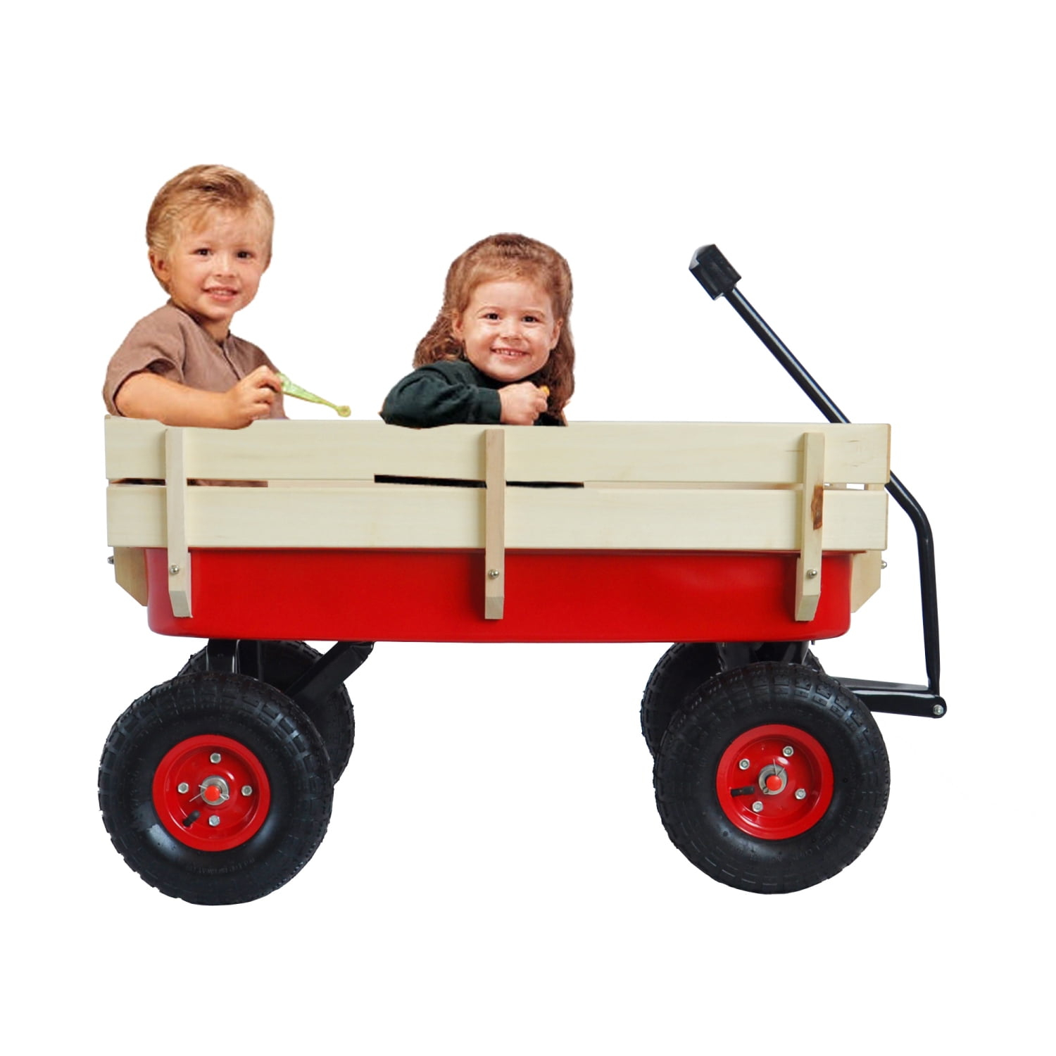 QDXFL Outdoor Wagon All Terrain Pulling w/Wood Railing Air Tires Children Kid Garden（Red）