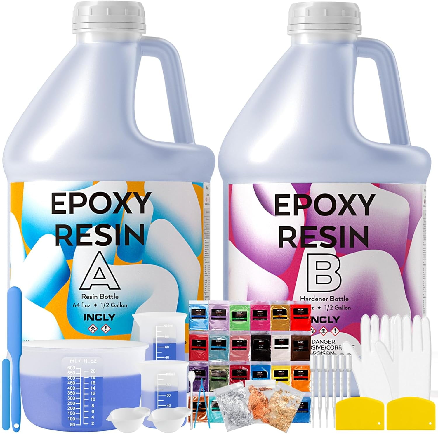 INCLY 1 Gallon Crystal Clear Epoxy Resin Kit, Bubbles Free Epoxy Resin Supplies, Casting & Coating Resin Epoxy for Craft Tabletop, Art Painting, Molds, with 24 Mica Powder, Large Silicone Cup & Stick