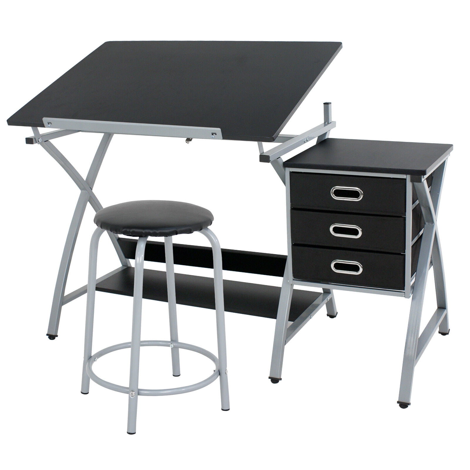 Black Adjustable Drafting Table with Shelving and Drawers