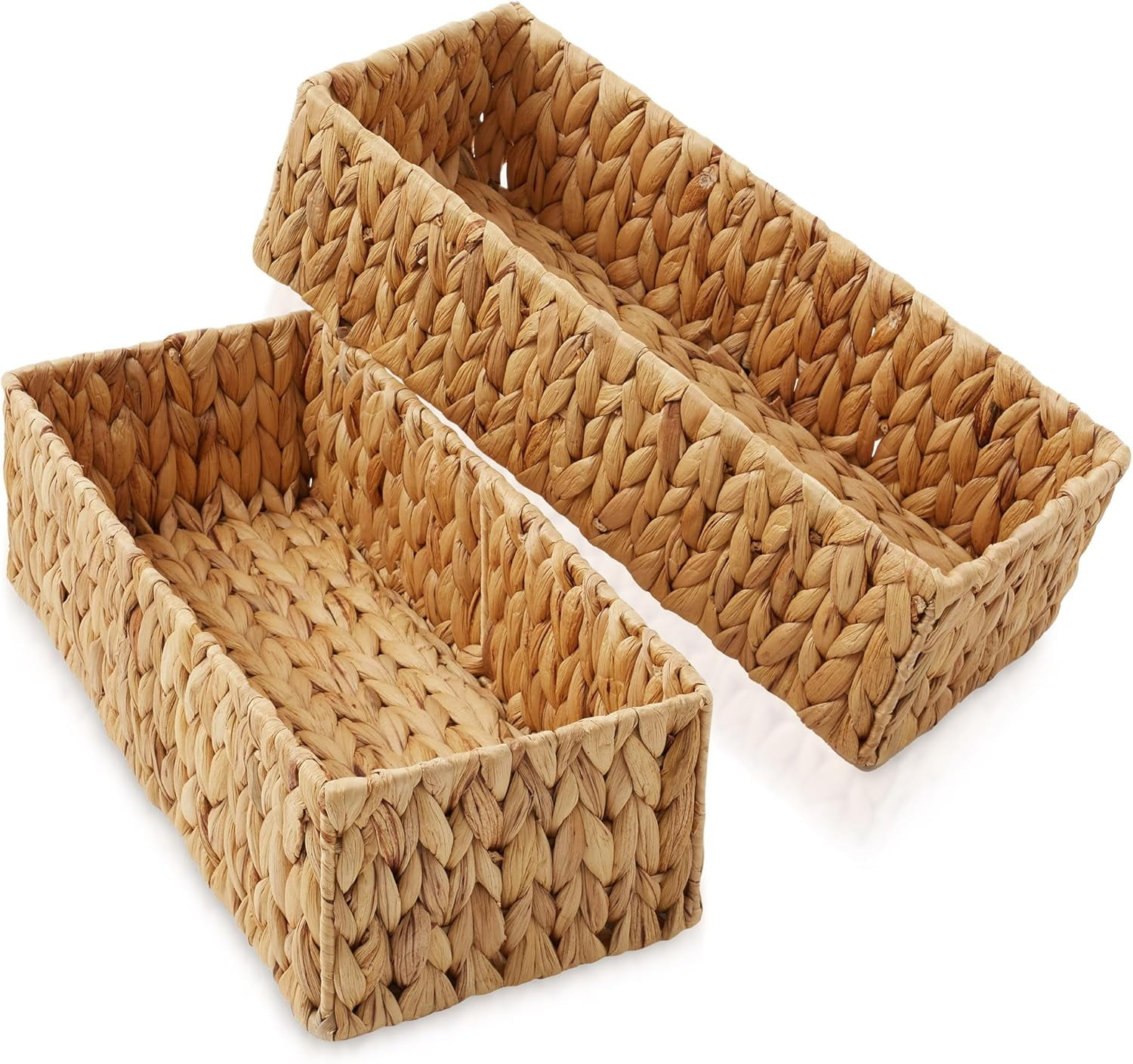 INDSUMOT Set of 2 Bathroom Storage Baskets, Natural - Water Hyacinth, 16" W x 6.75" D x 4.25" H, Woven Toilet Tank Topper Bins for Organizing Tissues, Toilet Paper, Toiletries, Shelves