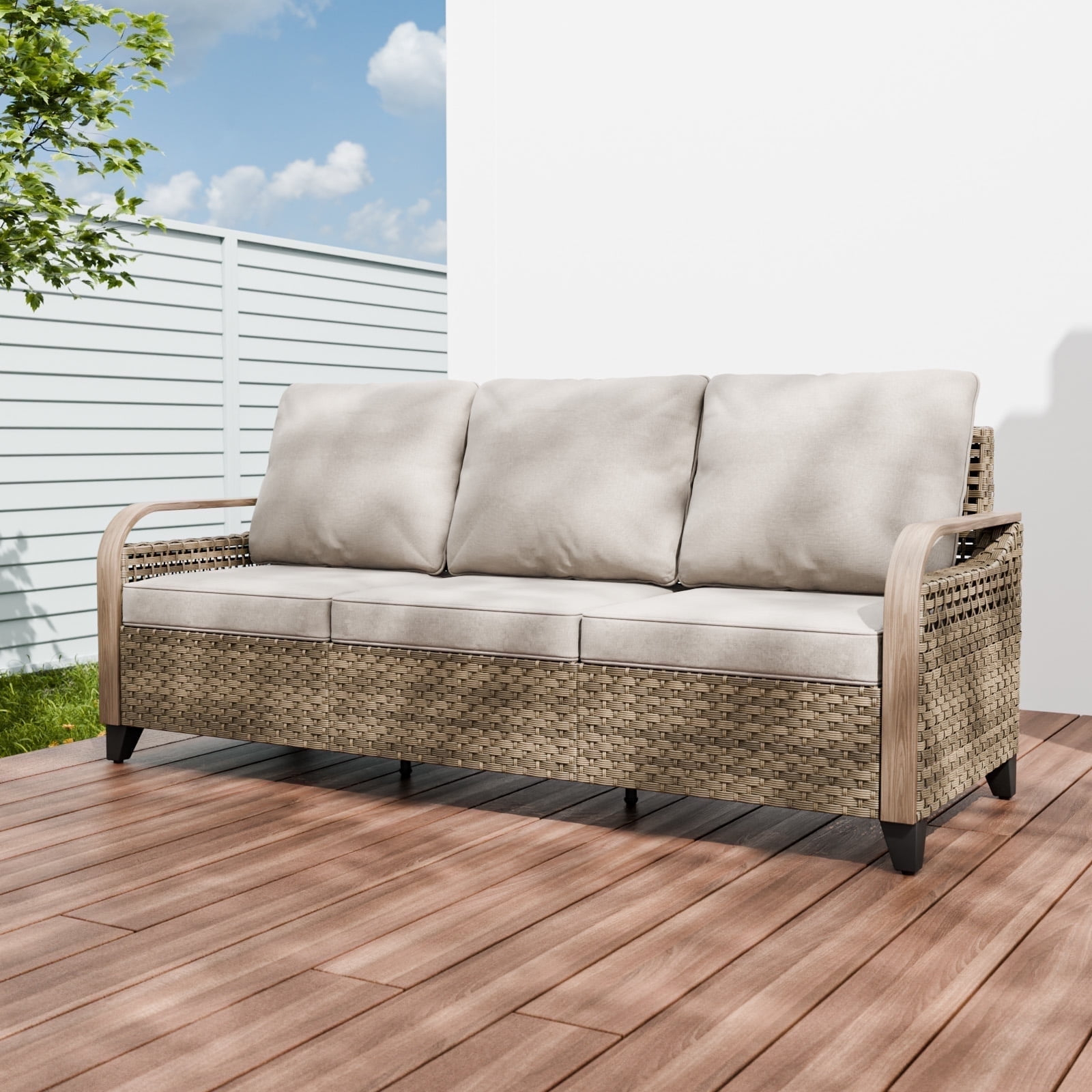 COOS BAY Patio Outdoor Brown Wicker Rattan 3-Seat Sofa with Gray Cushions for Yard Porch Pool