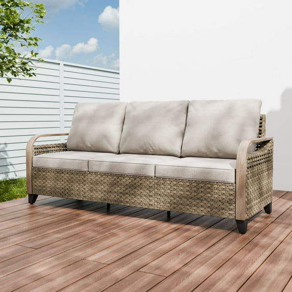 COOS BAY Patio Outdoor Brown Wicker Rattan 3-Seat Sofa with Gray Cushions for Yard Porch Pool