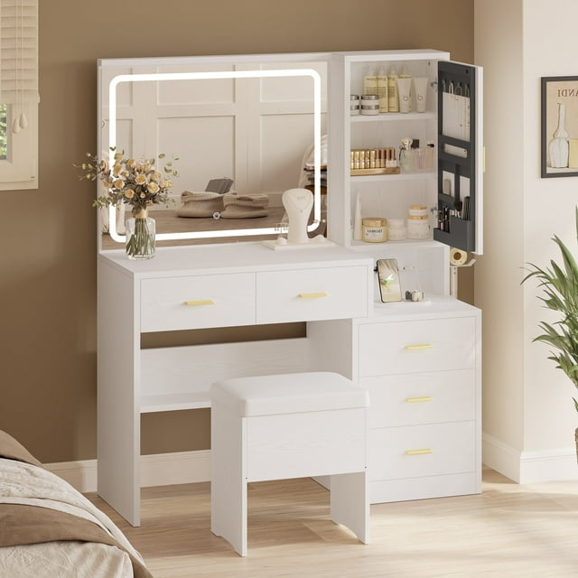 IRONCK Makeup Table Vanity Desk Set with Lighted Mirror, Charging Station, Storage Cabinet and 5 Drawers