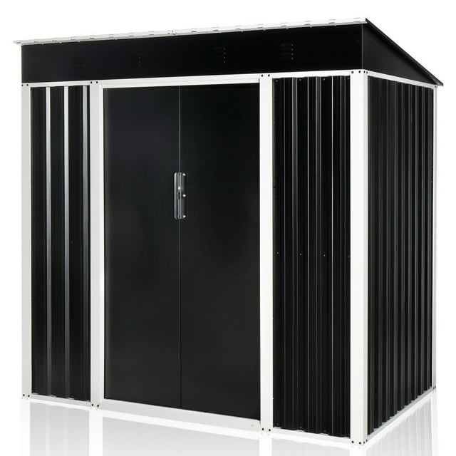 6x4 FT Black Galvanized Iron Outdoor Storage Shed with Sliding Doors
