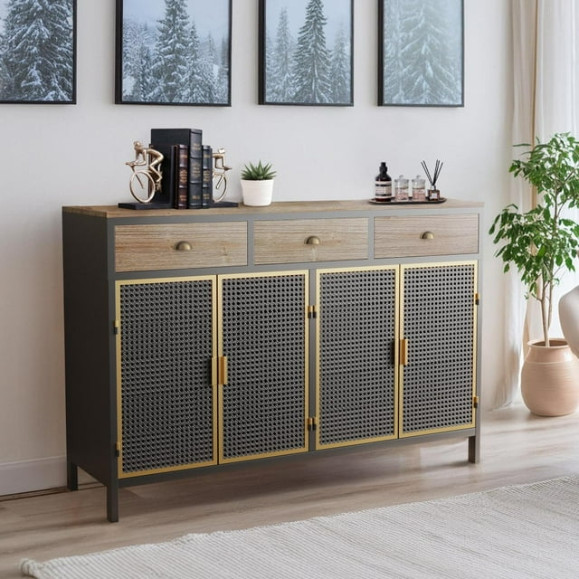 IVV Buffet Cabinet with Storage, 48" Sideboard with 3 Mesh Doors & 3 Drawers, Modern Metal Coffee Bar Cabinet Metal Buffet Table w/ Wood Countertop for Kitchen, Dining Room, Dark Gray