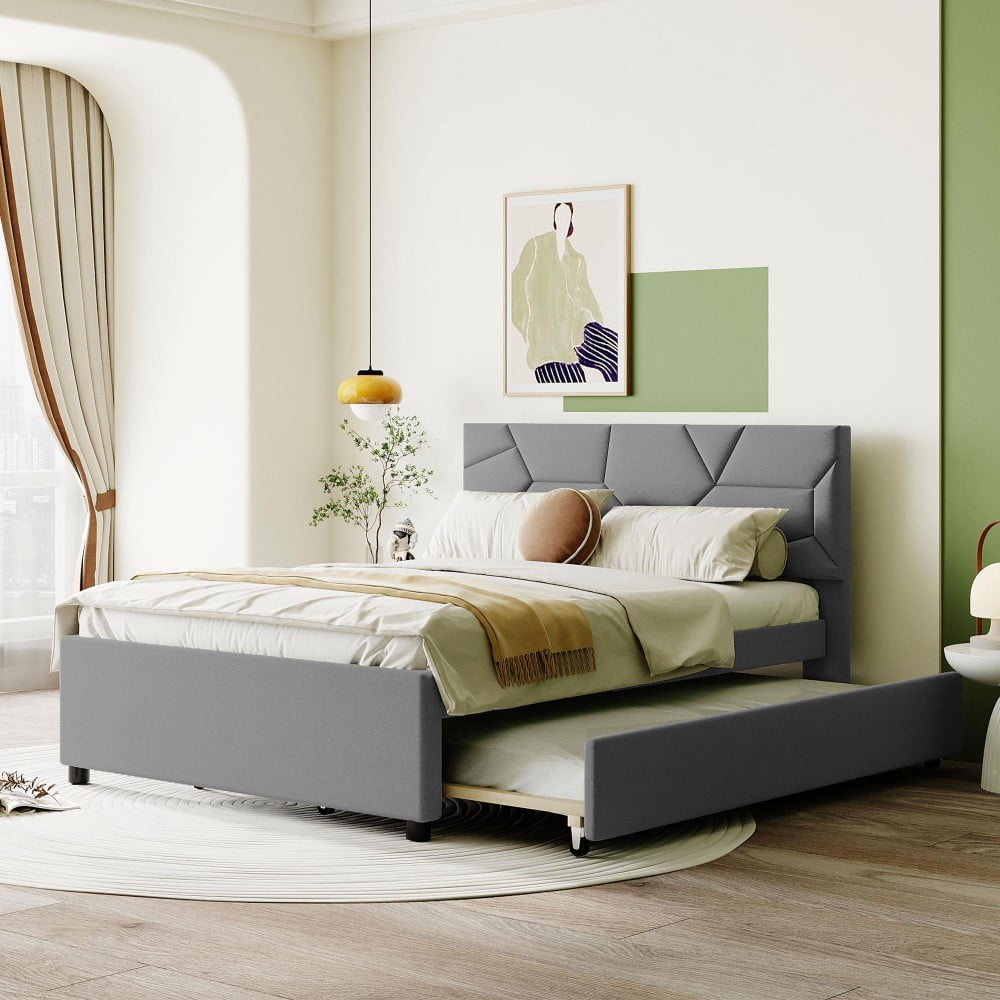 IVV Full Size Upholstered Platform Bed with Twin Size Trundle, for Living Room Guest Room, Linen Fabric, Gray
