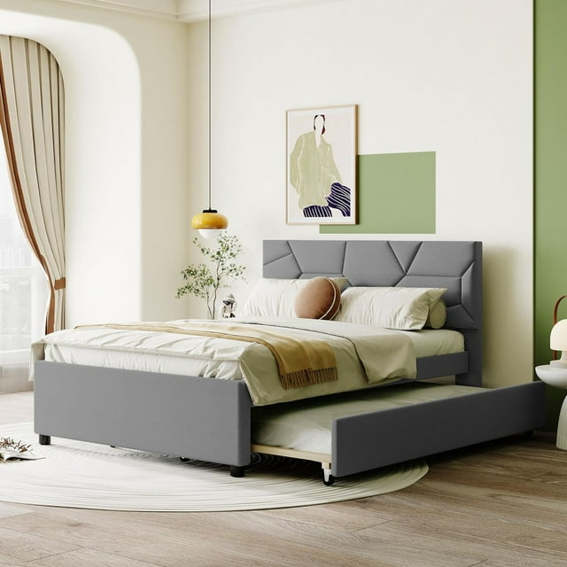 IVV Full Size Upholstered Platform Bed with Twin Size Trundle, for Living Room Guest Room, Linen Fabric, Gray