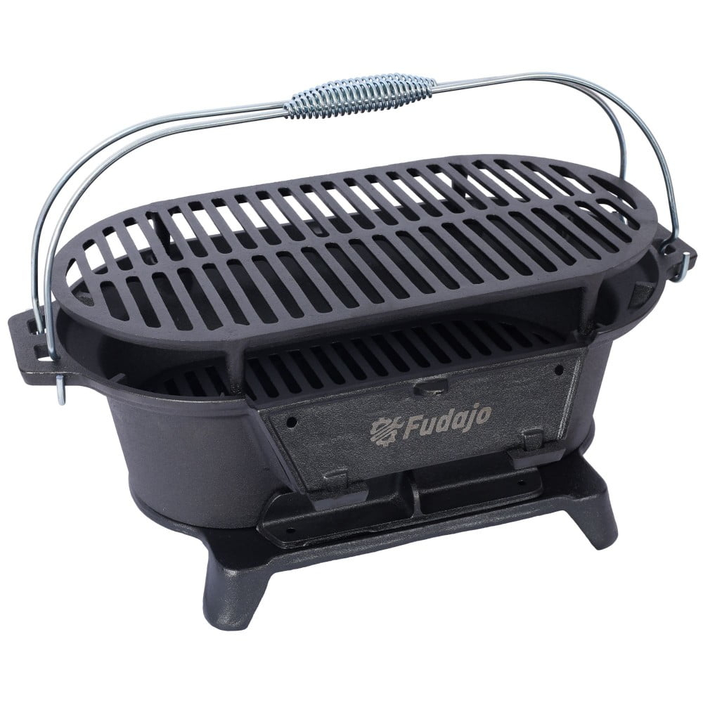 Cast Iron Hibachi Grill – Portable Charcoal BBQ for Outdoor Cooking, Durable Tabletop Skillet, Compact Camping Charcoal Cooker for Tailgating, Picnics & Hunting (Oval)