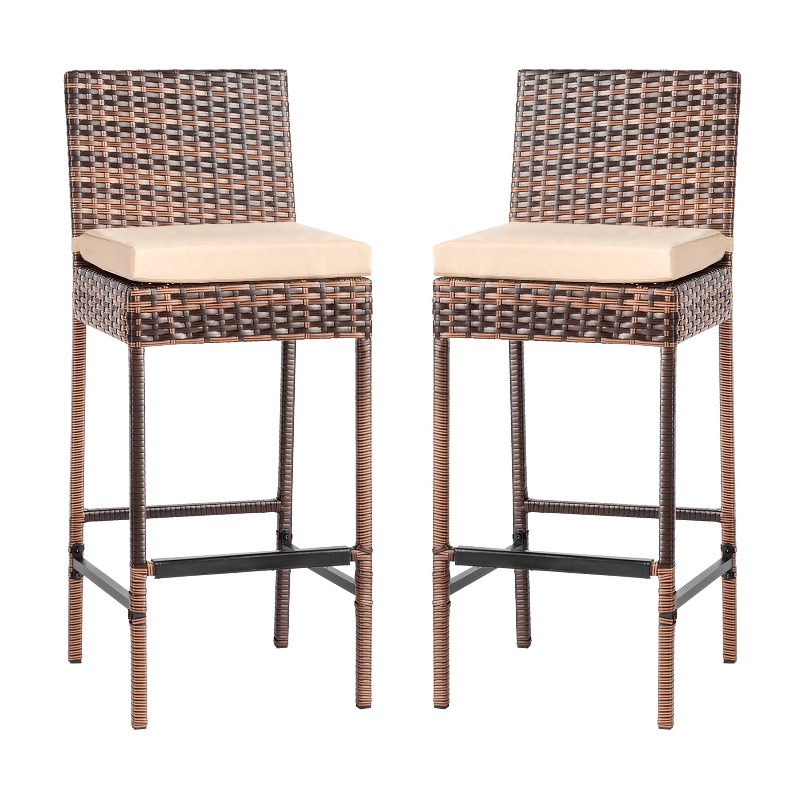 Off-white Cushioned Iron and Rattan Outdoor Bar Stools, Set of 2